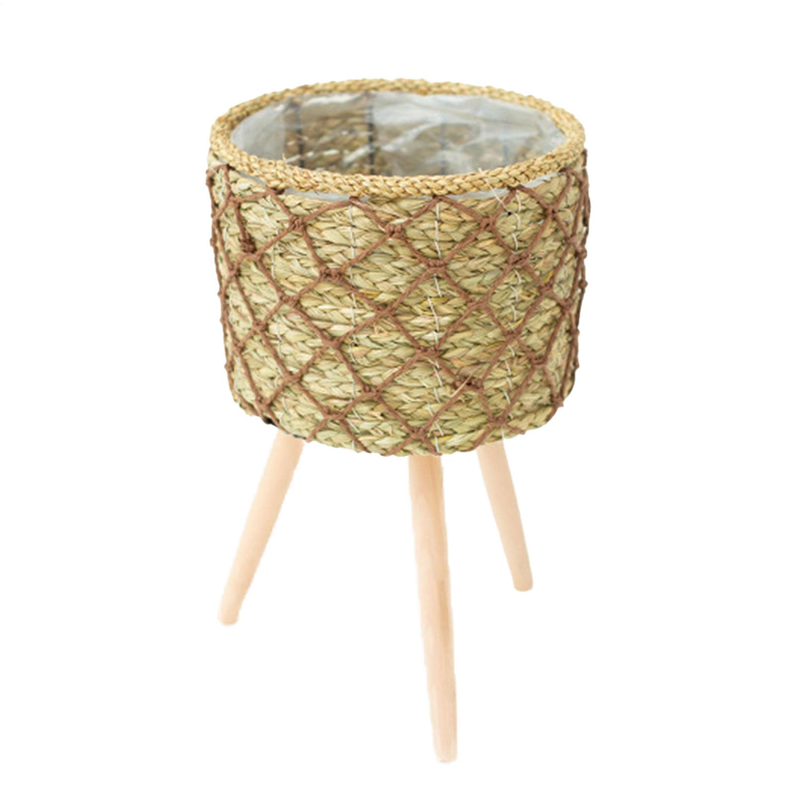 Fioriera intrecciata – Vaso per fiori da interno, cesto con 3 gambe in | legno, supporto decorativo per piante, elegante supporto per vasi di fiori rialzato, design artigianale in rattan resistente,