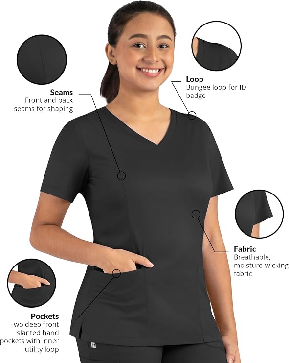 Maevn Matrix Womens Modern Fit Double V-Neck Medical Nurse Scrub Top, 3 Pockets, Inner Utility Loop, Bungee Loopv