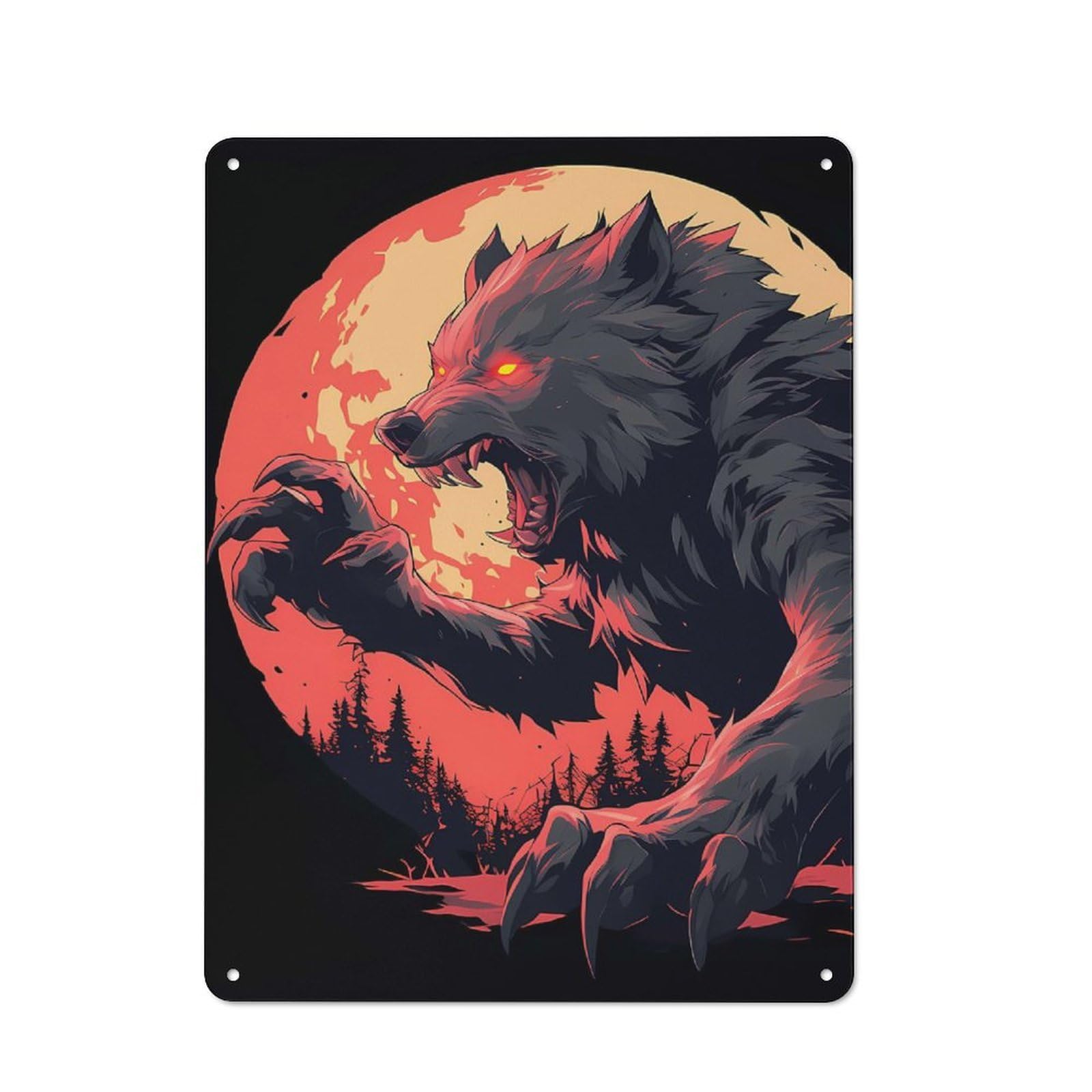 Junmoney Fearsome Werewolf Howling At The Moon Metal Wall Sign 40X30cm, Rustic Classic Pub Decor For Cafe, Pub, Workshop Or Home Bar
