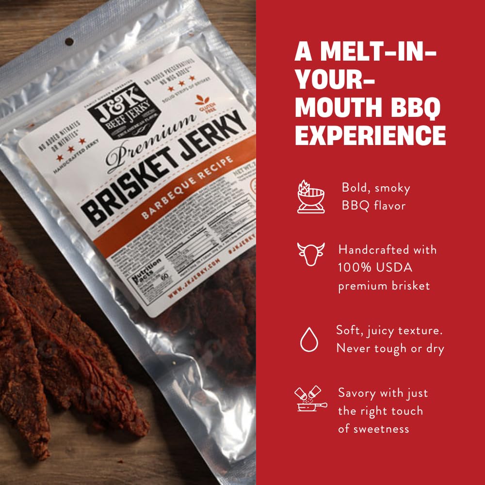 J&K Beef Brisket Jerky – BBQ Flavor – Hand Crafted Small Batch American Made Slab Jerky – Bold & Smoky Snack – 7oz Big Bag