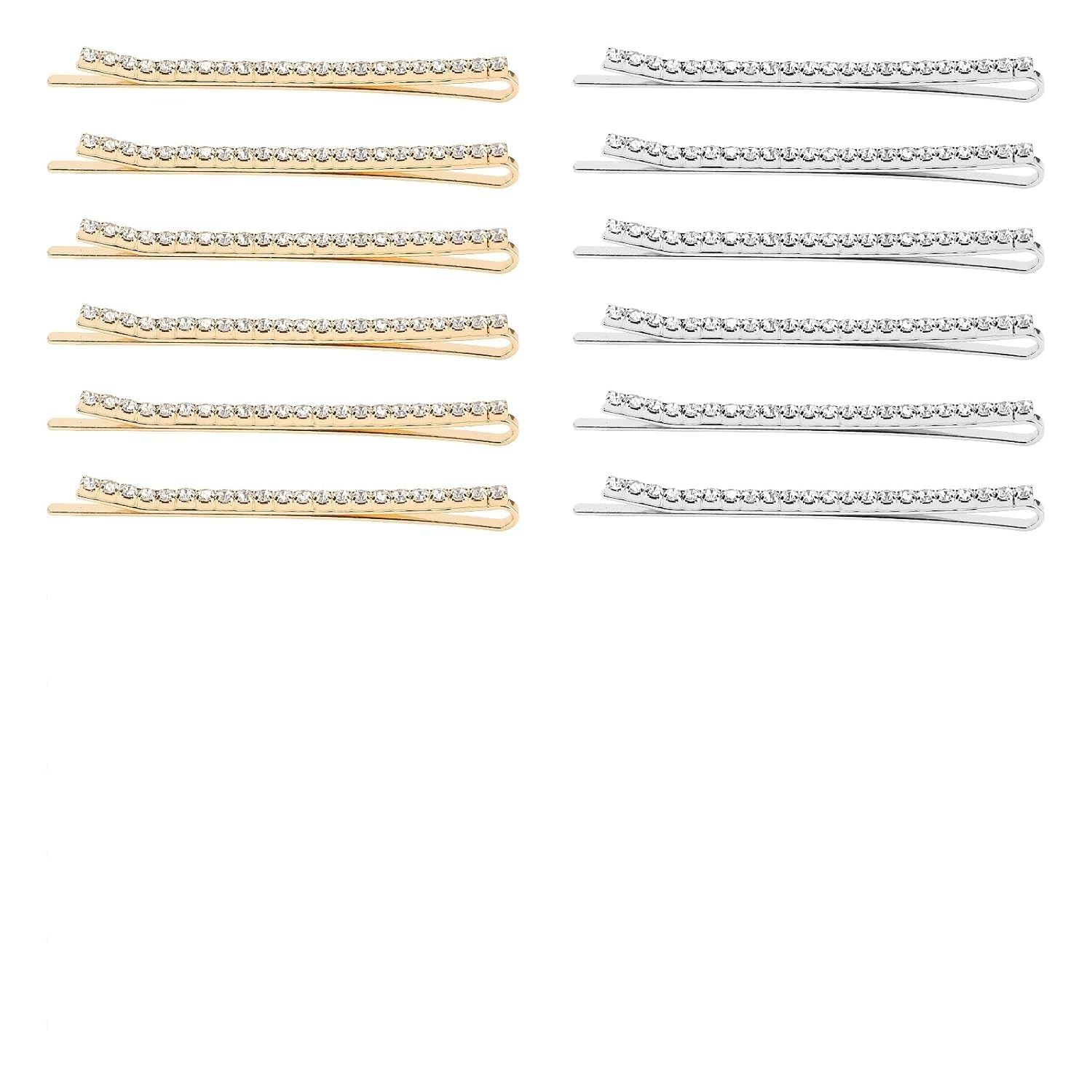 Miss Lirenn Rhinestone Hair Pins, Set of 12, Gold-Toned (6 PCS) and Silver-Tonned(6 PCS) Crystal Bobby Pins for Women, 7 cm Length, Decorative Hair Styling Accessories (Multicolor)