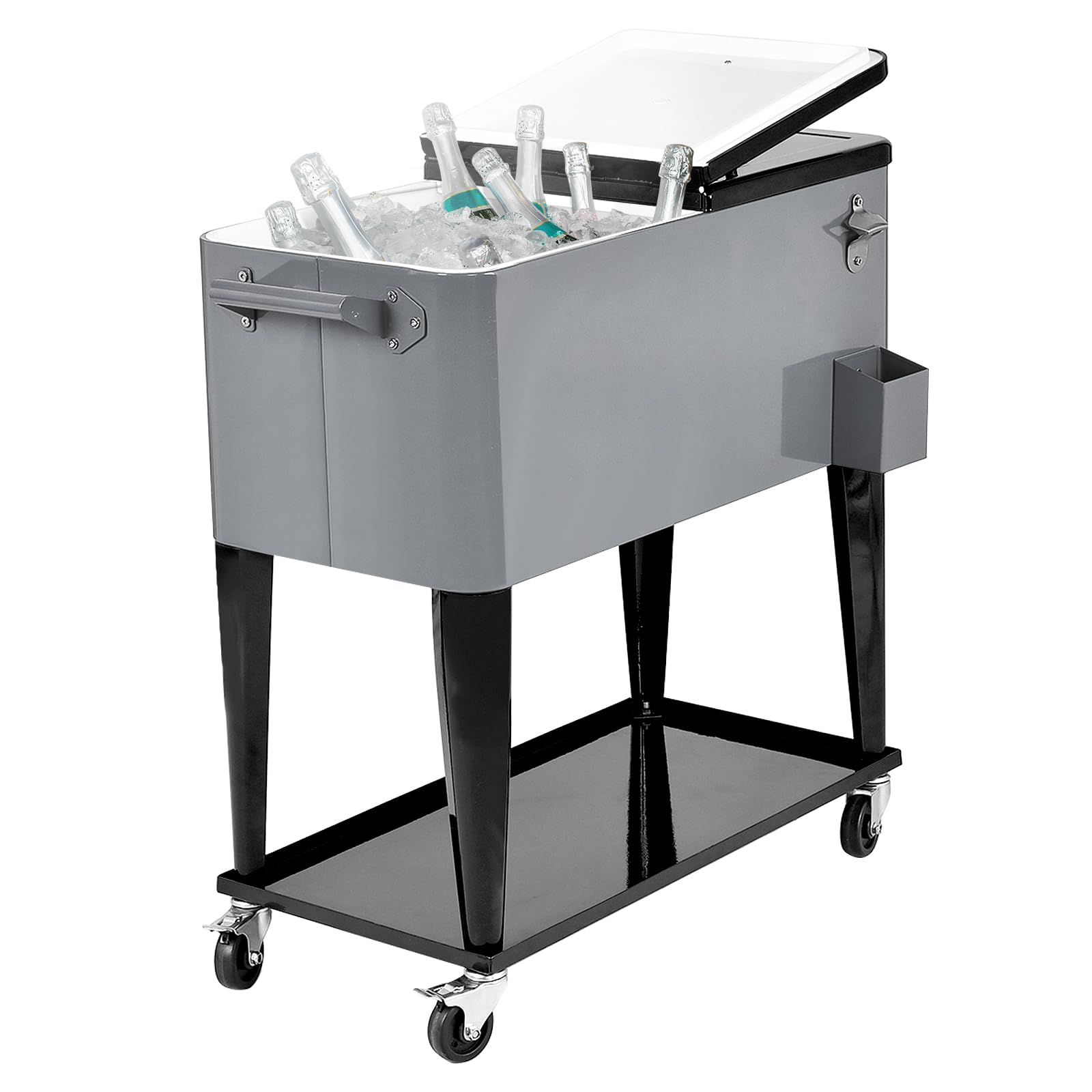 COSTWAY Carrito Nevera 76L Carro Portátil para Bebidas y Hielo con Ruedas, Sacacorchos (Gris, con Estante)
