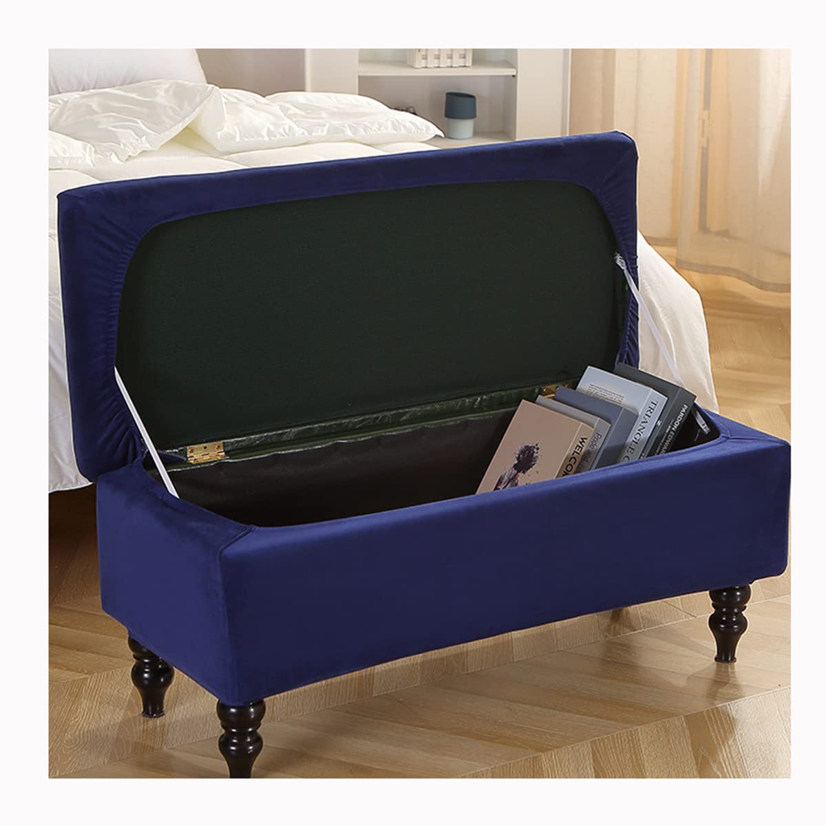 XGANGM Velvet Ottoman Cover Stretch Rectangle Storage Ottoman Bench Slipcover Folding Storage Bench Ottoman Cover with Lid Footrest Stool Slipcover Footstool Protector Cover,Navy blue,1Large
