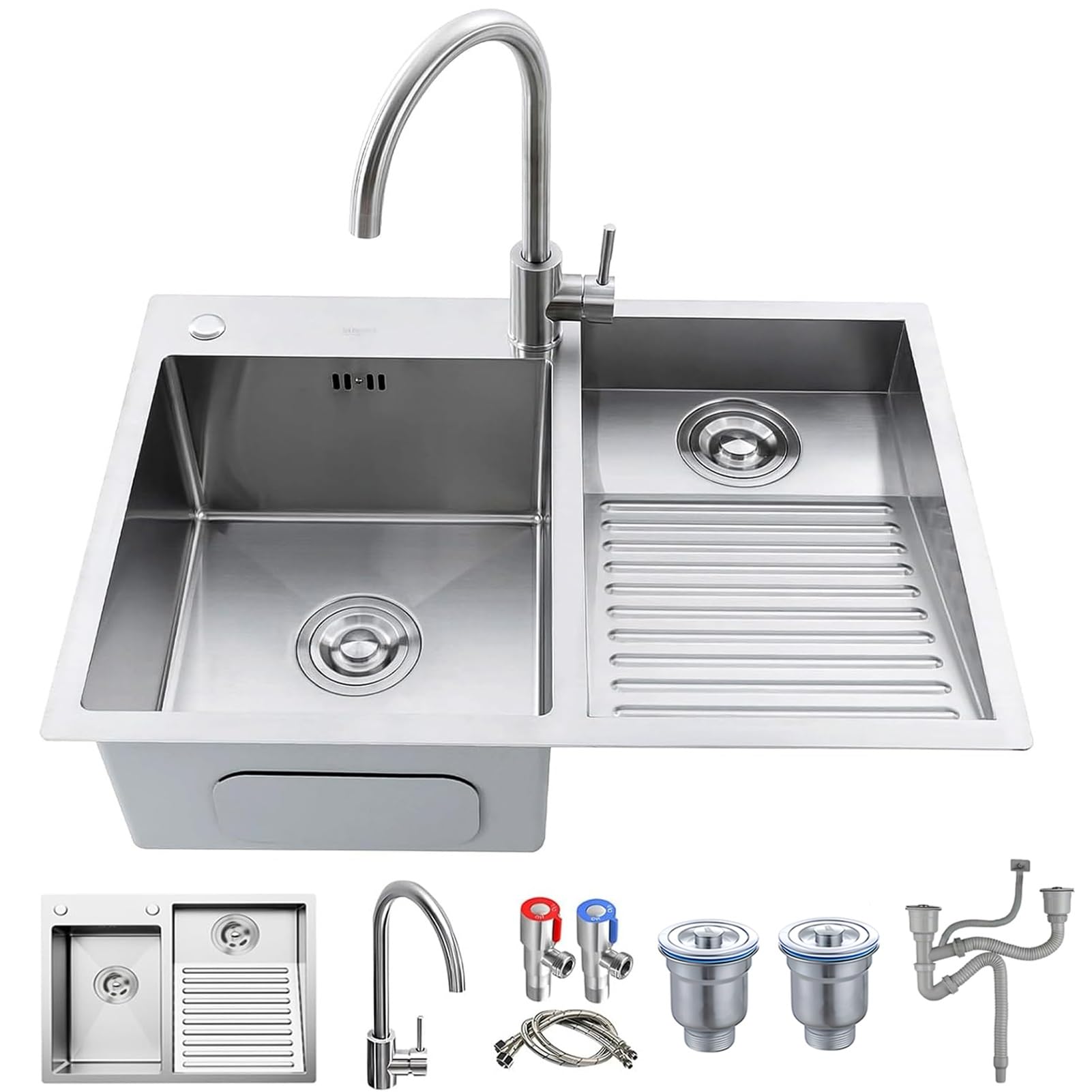 WIQUYBML Stainless Steel Laundry Sink With Integrated Washboard, Heavy-Duty Handwashing Tub Drain Kits, Durable Utility Washing Basin For Basement, Room, Garage, Outdoor Use(Silver Right,70x48x22c