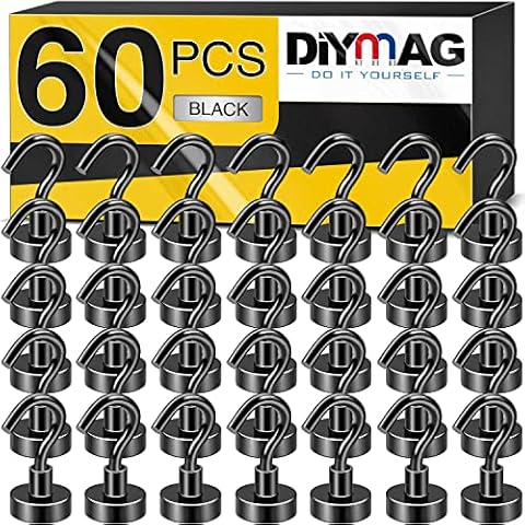 Magnetic Hooks for Refrigerator, Extra Strong Cruise Hook , Heavy Duty Earth Magnets with Hook for Hanging, Magnetic Hanger for Cabins, Grill (60P-Black) Cover