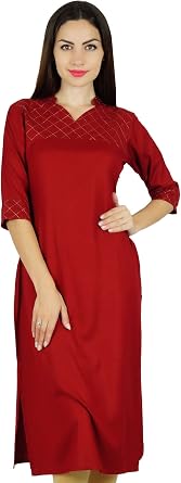 Bimba Women Red Cotton Kurta Kurti Solid Tunic 3/4 Sleeve Indian Chic Regular Custom Clothing
