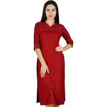 Bimba Women Red Cotton Kurta Kurti Solid Tunic 3/4 Sleeve Indian Chic Regular Custom Clothing