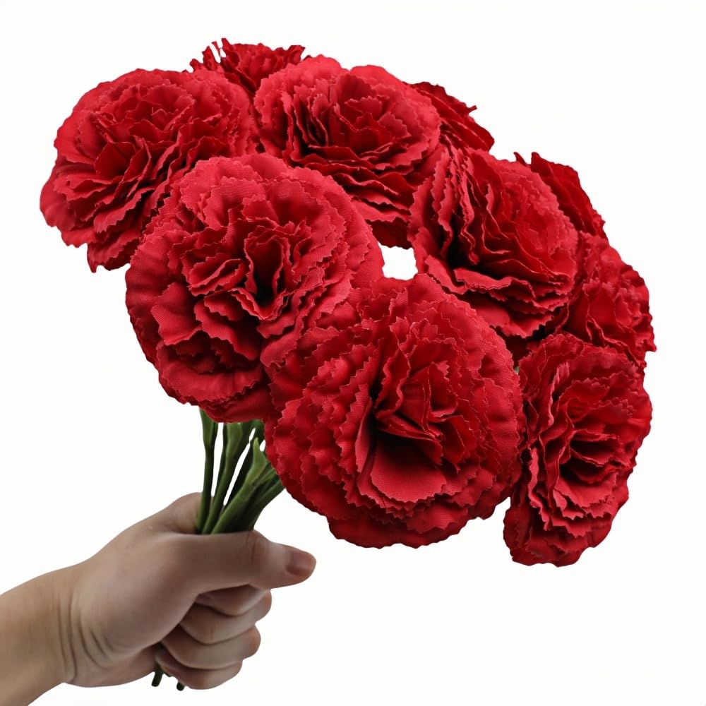 10 Pack Artificial Carnations Flowers - 11.4 Inch Real Touch Silk Flowers with Stems for Wedding Bouquets, Bridal Centerpieces, Home Floral Arrangements & Table Decor (Red) — image 1