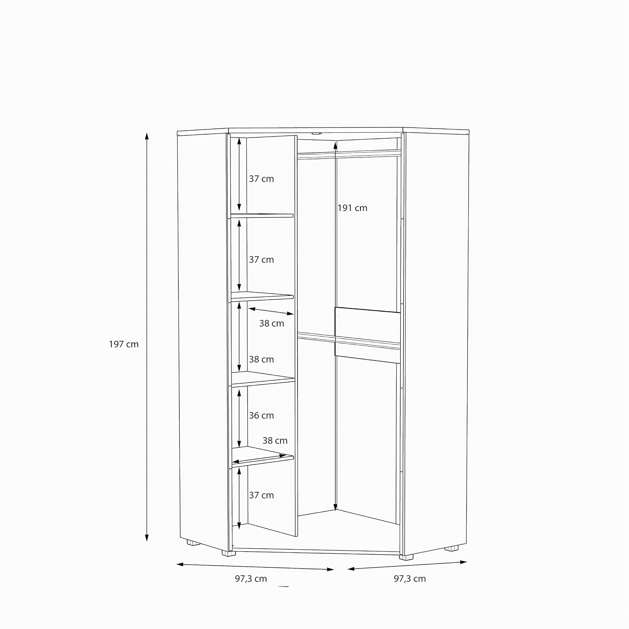 FORTE ARKINA Eckschrank 95 100, Eckkleiderschrank, Drehtürenschrank Skandinavisch, 2-türig mit Einlegeböden und Kleiderstange, Weiß / Holzdekor: Artisan Eiche, 97 cm breit x 197 cm hoch x 97 cm tief