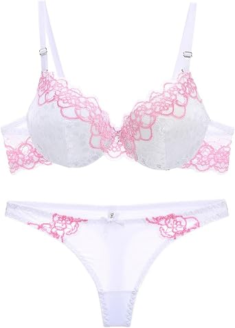 Akklian Womens Push Up Bra and Panty Sets Floral Lace Lingerie 2 Piece Sexy Babydoll Bra and Thong Set Gathered Underwire Bra