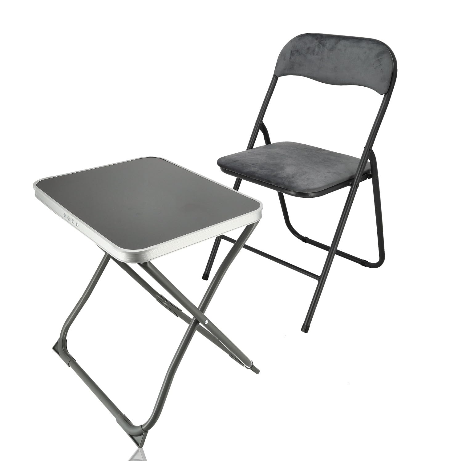 Set tavolo e sedia da campeggio grigio – Tavolo da campeggio e sgabello 2 in 1 con tavolo pieghevole, sedia pieghevole in velluto, tavolo pieghevole compatto per 1 persona, balcone, roulotte, giardino