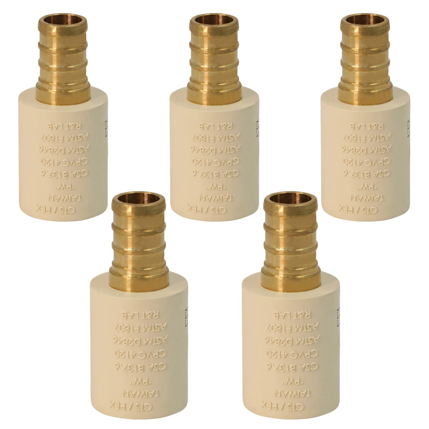 Midline Valve CSDQQG034-OM-5 Lot de 5 raccords de tuyau en laiton sans plomb PEX cannelé x CPVC 3/4"