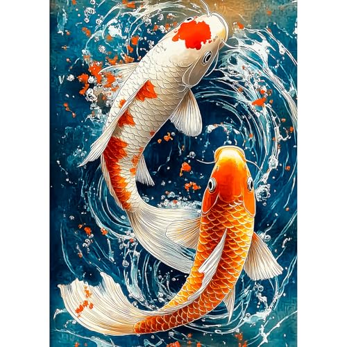 Lxmsja Koi Fish Diamond Art Kits for Adults, Scenery Fish DIY Full Drill Diamond Painting Kits for Beginners, 5D Gem Art Crafts for Adults, Home Wall Decor 12x16 inch