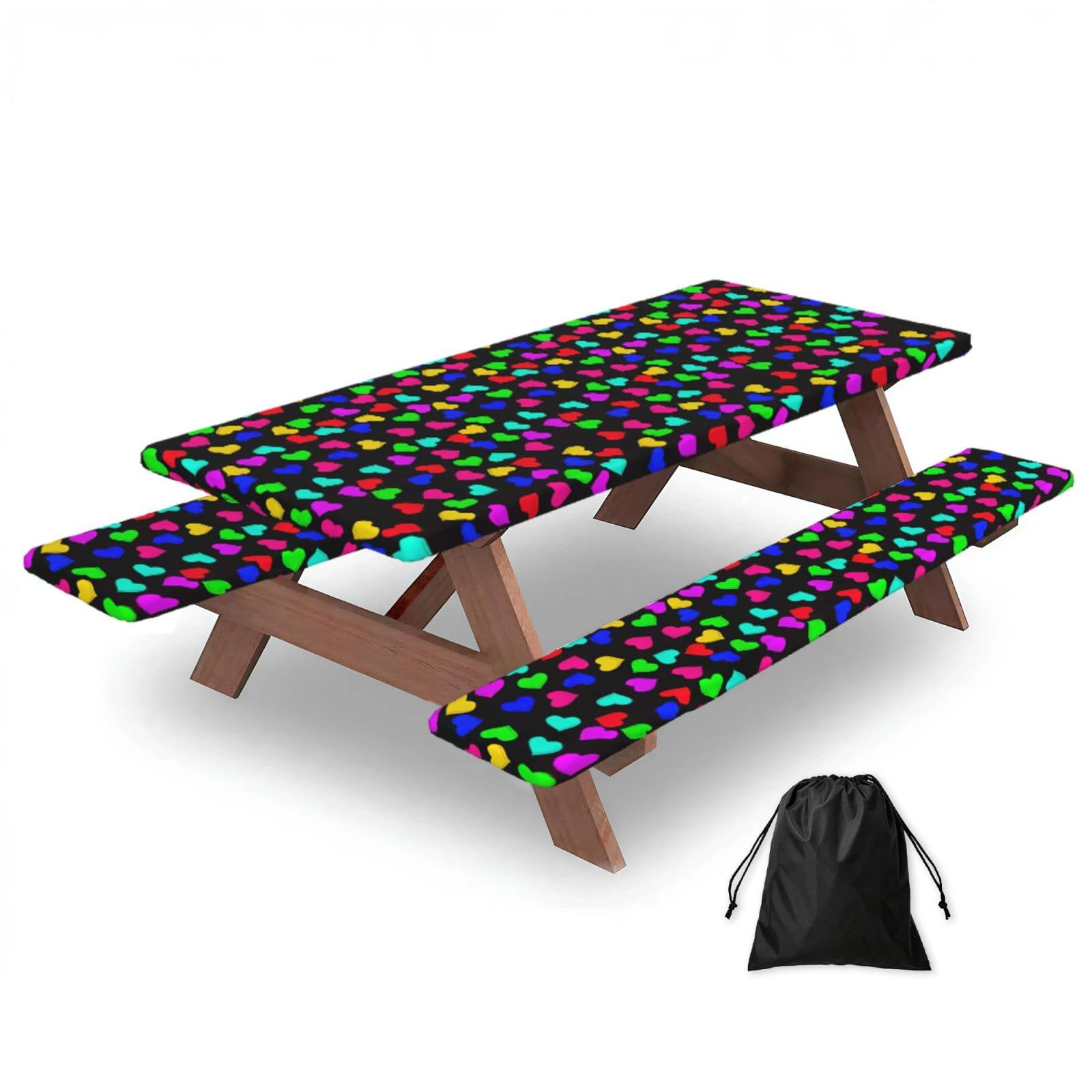 Yqxwjl Black Rainbow Hearts Print Camping Essentials Waterproof Camping Table And Bench Cover With Drawstring Bag 183 Cm