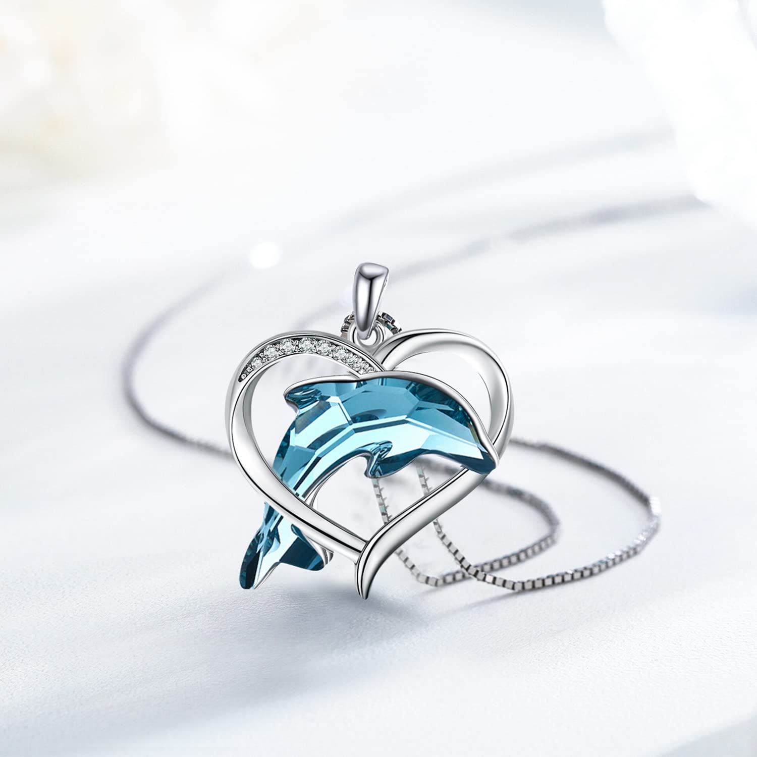 Collana da donna con delfino, in argento Sterling 925, con ciondolo a forma di delfino, con cristalli blu, onde del mare, temi della spiaggia, regalo per figlia e ragazze