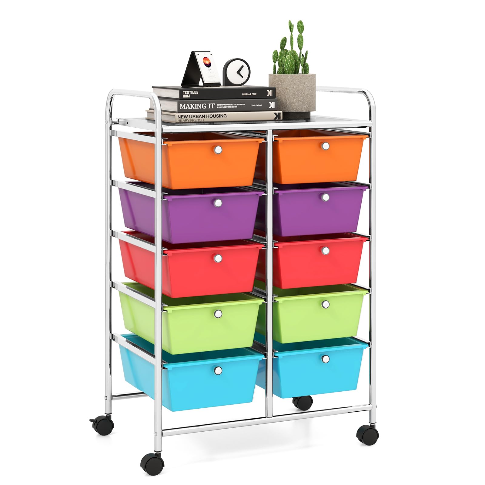 LDAILY 10 Drawer Rolling Cart, Storage Cart Organizer on Wheels, Drawer Cart with Metal Frame &amp; Large Storage Capacity, Rolling Cart with Drawers for Living Room Classroom, Office