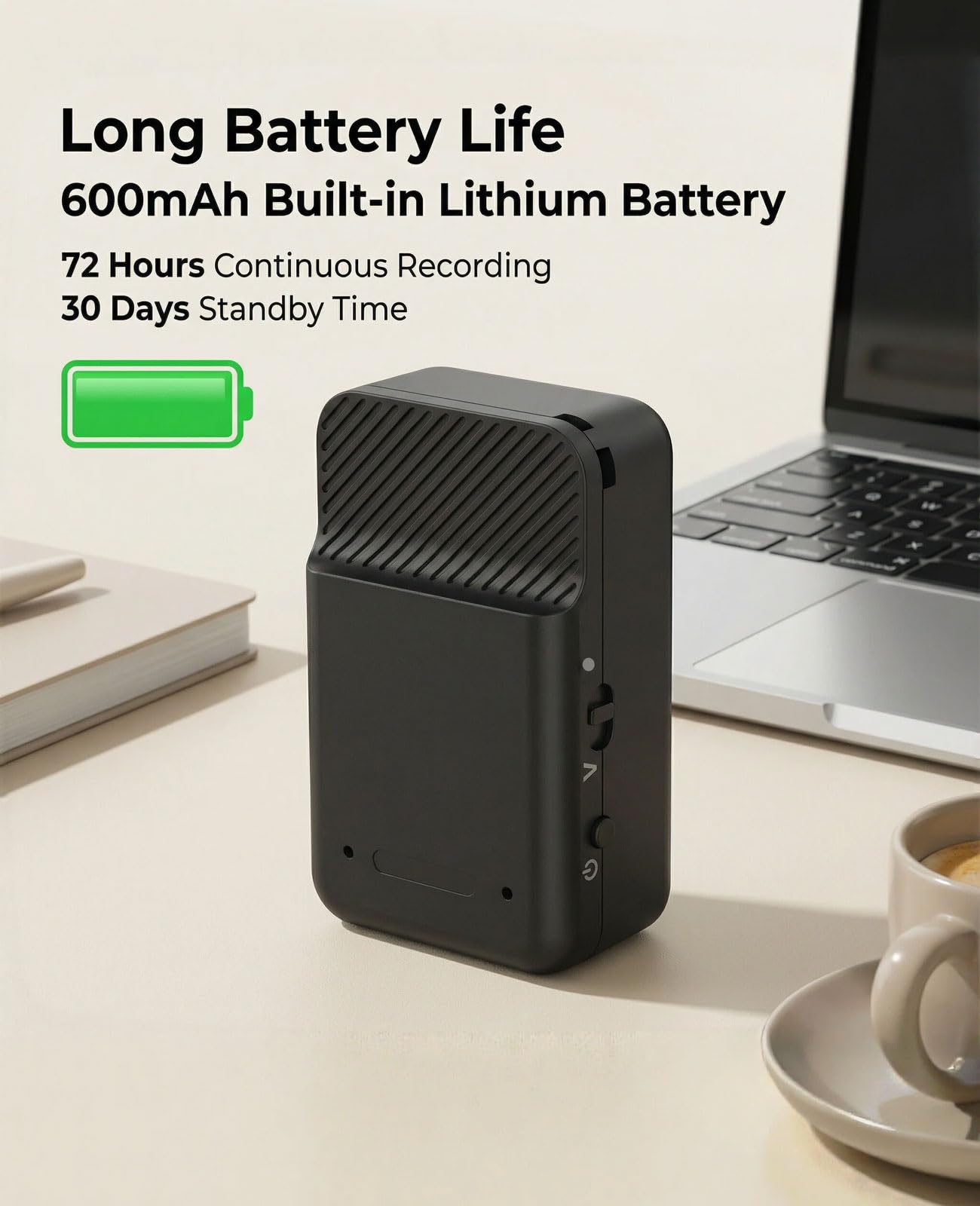 Grabadora de voz de tamaño pulgar de 64 GB, dispositivo de grabación mini y oculto, batería de 600 mAh (20 días en espera), grabadora activada por voz con reducción de ruido para reuniones