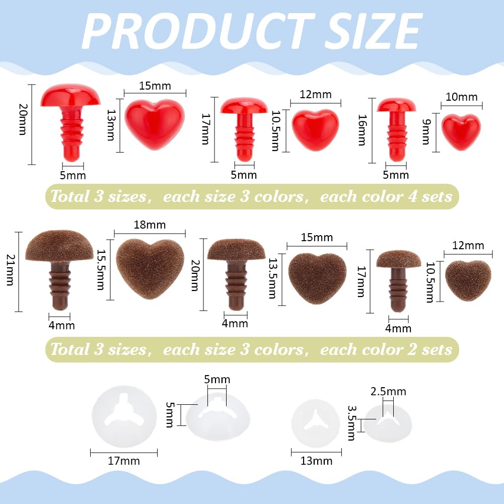 PH PandaHall Nasi di Sicurezza 6 Dimensioni Nasi di Plastica 4 Colori 54 Pezzi Naso A Forma di Cuore Amigurumi Naso Floccato all'Uncinetto con Rondelle per Animali di Peluche Amigurumi Orso Gatto