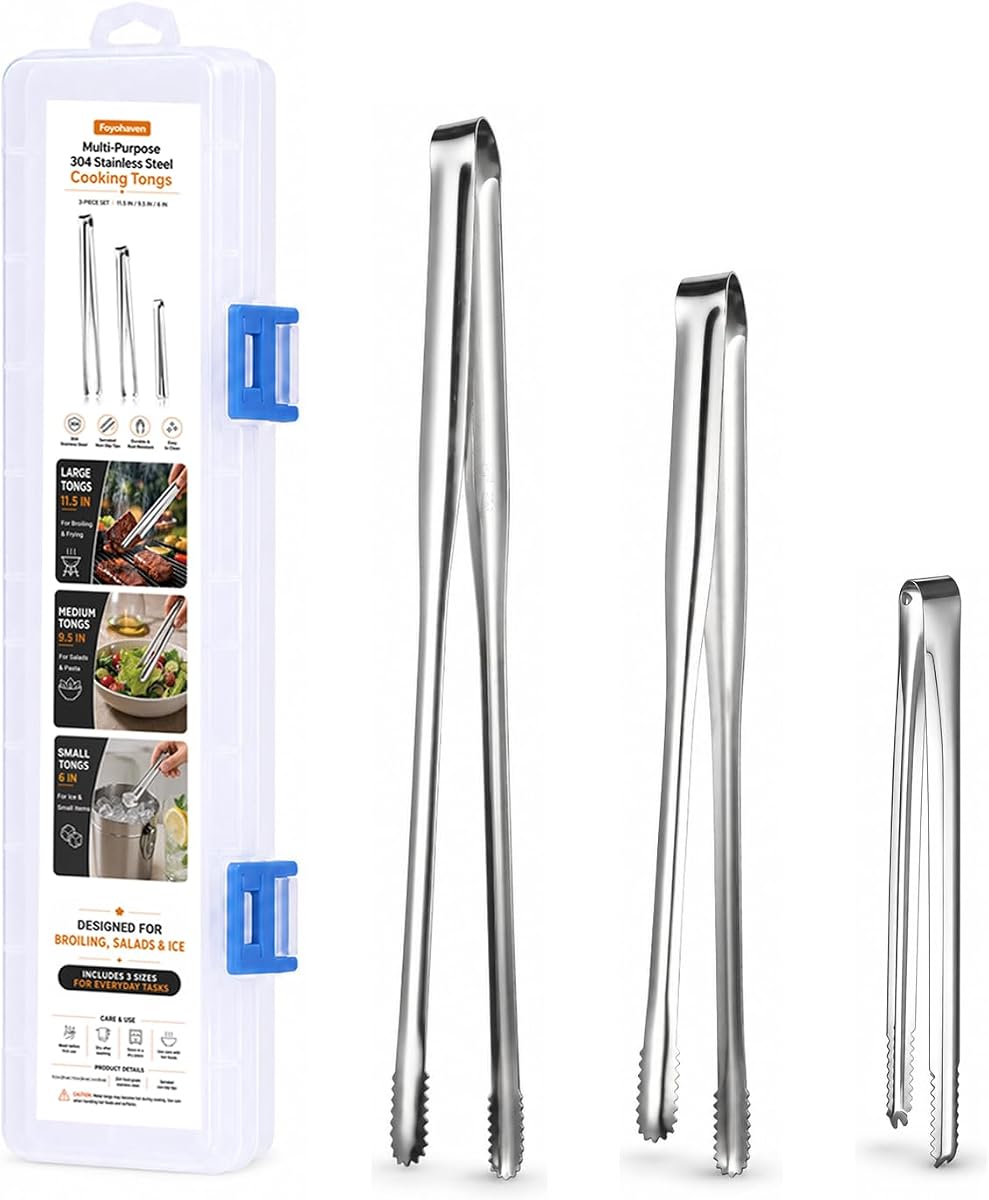 Stainless Steel Kitchen Tongs Set of 3, 6-11.5in Non-Slip Silver | 304 stainless steel tongs 3 sizes 6", 9.5" & 11.5", serrated non-slip tips with storage case for grilling, frying & salad