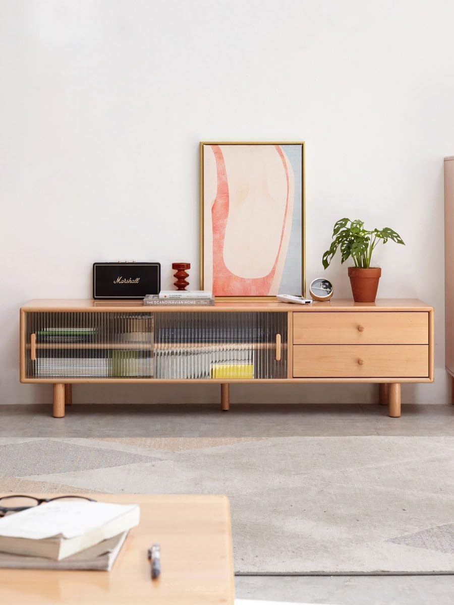 GVAwood Beech Solid Wood Floor TV Cabinet. 78.7x13.7x15.7 inch/ 200x35x40 cm/Natural Wood Color/Double Sliding Door TV Cabinet/DELIVERY 5-6 Weeks