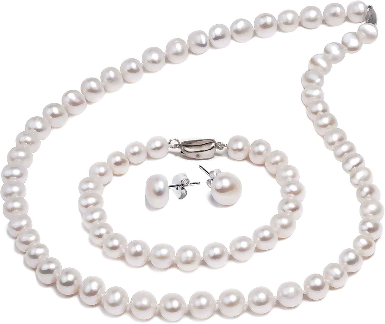 AAA Freshwater Cultured Potato Pearl Jewelry Set for Women White Real Pearl Strand Necklace Stud Earring Bracelet Crafted in 925 Sterling Silver Birthday