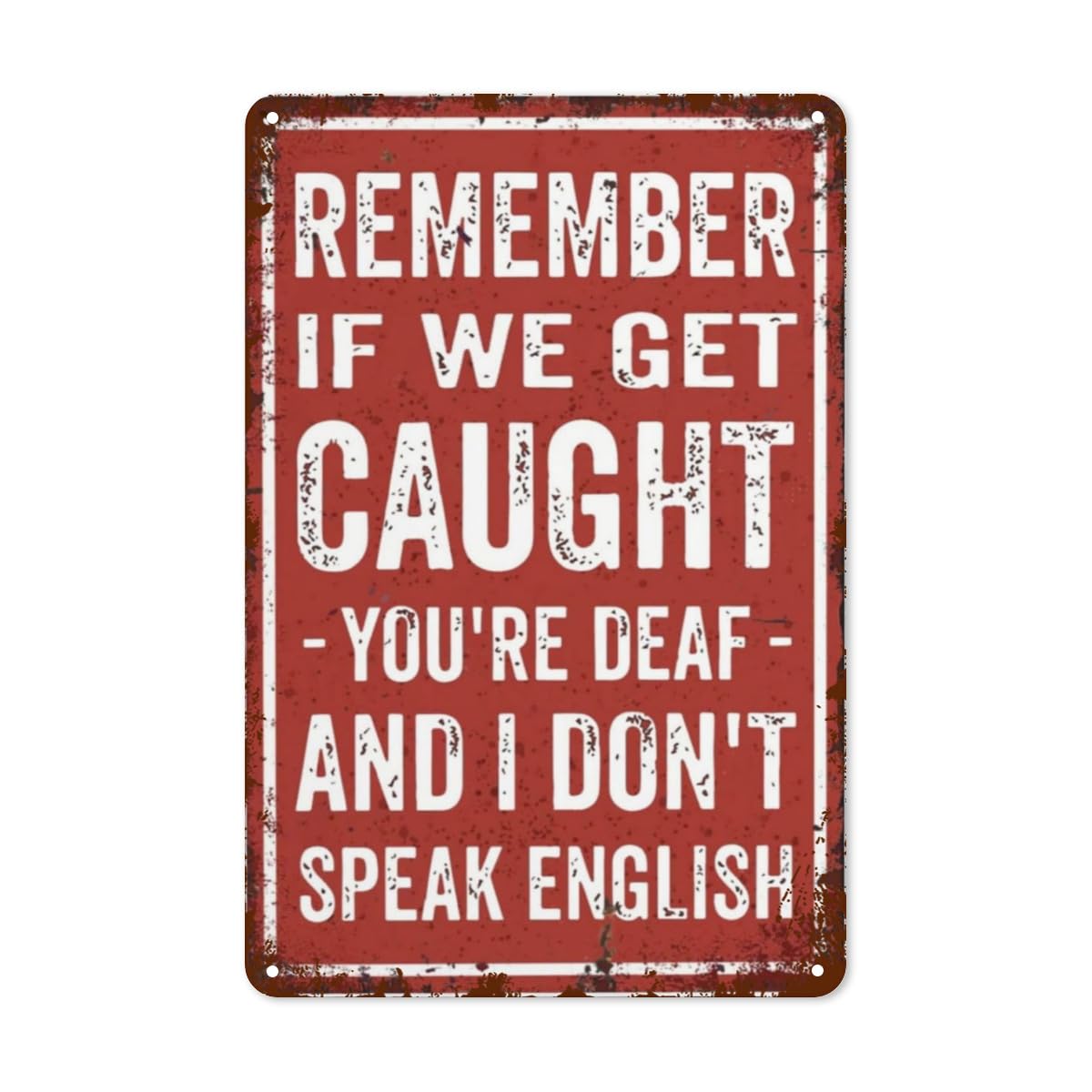 Vintage Metal Signs - Boho Wall Art Decor Funny Garage Man Cave Decoration for Hilarious Men - 8x12 Inch Home Office & Bar - Remember, If We Get Caught You're Deaf And I Don't Speak English Design