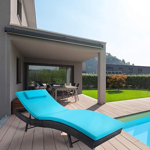 Miniatura 2 de SOLAURA Tumbona de patio para exteriores ajustable, silla reclinable de mimbre negra para todo tipo de clima y sofá con cojín grueso azul y cama