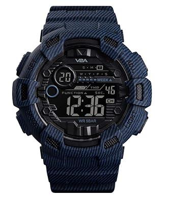 V2A Denim Blue Digital Sports Watch with Backlight Alarm Stopwatch for Men and Boys (Black Dial with Blue Strap)