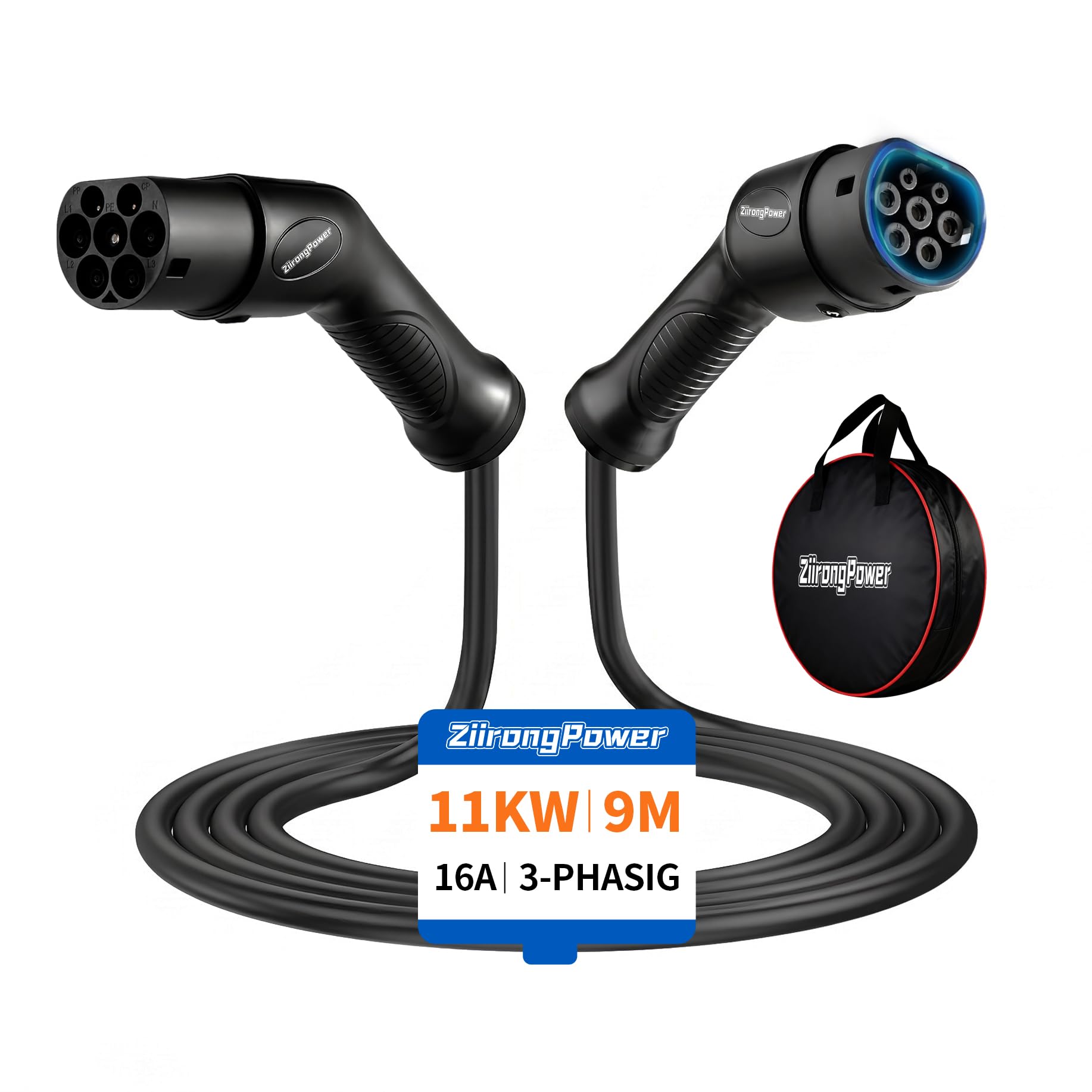 Typ 2 Ladekabel 11kW 9M 16A Ladekabel Elektroauto 3 Phasig für E Auto EV/PHEV mit Tasche Geeignet für Model S/3/X/Y e-Golf ID.3 i3/i8
