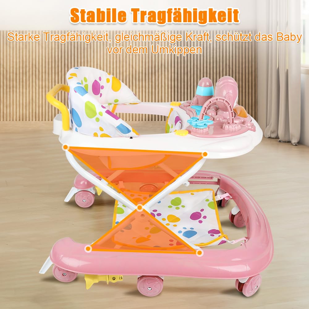 Girello per bambini con vassoio per attività musicali rimovibile, girello per bambini facilmente pieghevole, altezza regolabile, a partire da 6 mesi, 62 x 68 x 36-81 cm (rosa)