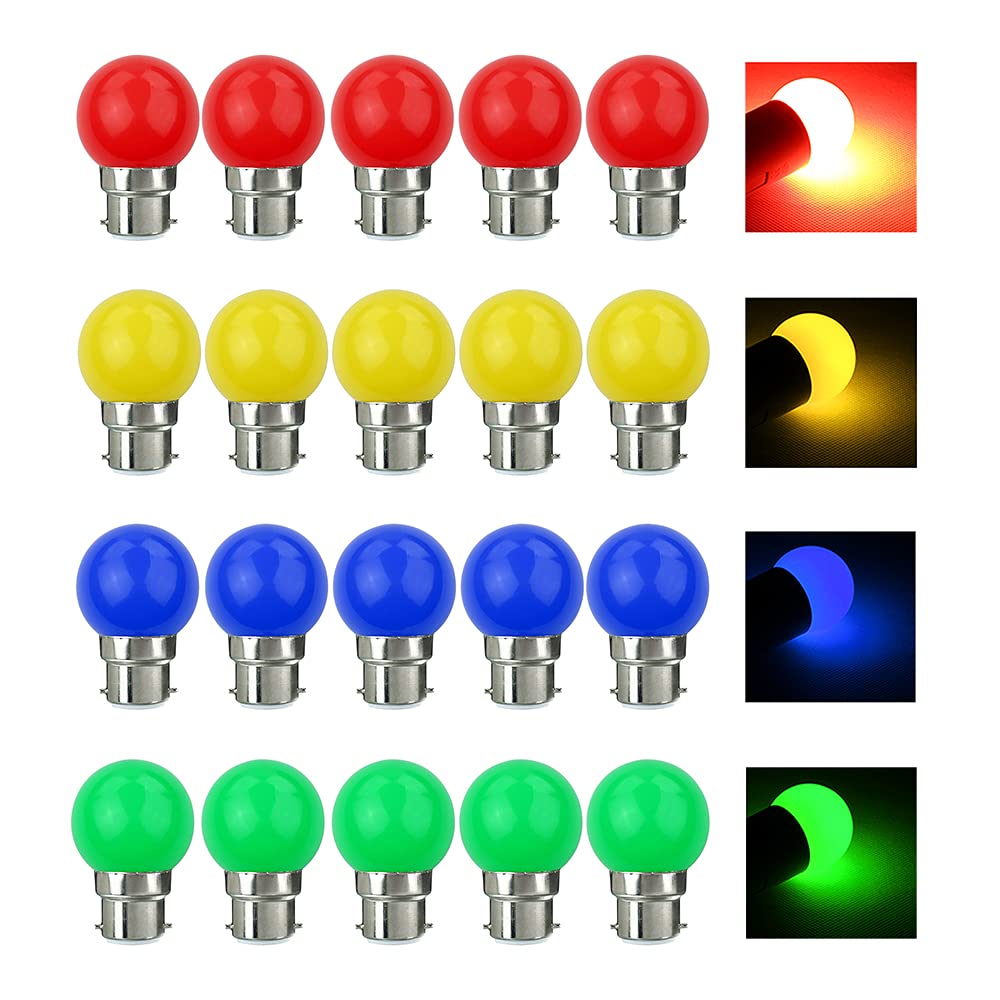 V-TOO 20 Pack Coloured Light Bulb B22 Bayonet LED Bulbs 3W Multi Colour Light Bulbs Golf Ball Bulb Mood Ambiance Lighting for Home Decoration Party Patio Christmas Effect Lights 220V-240V AC