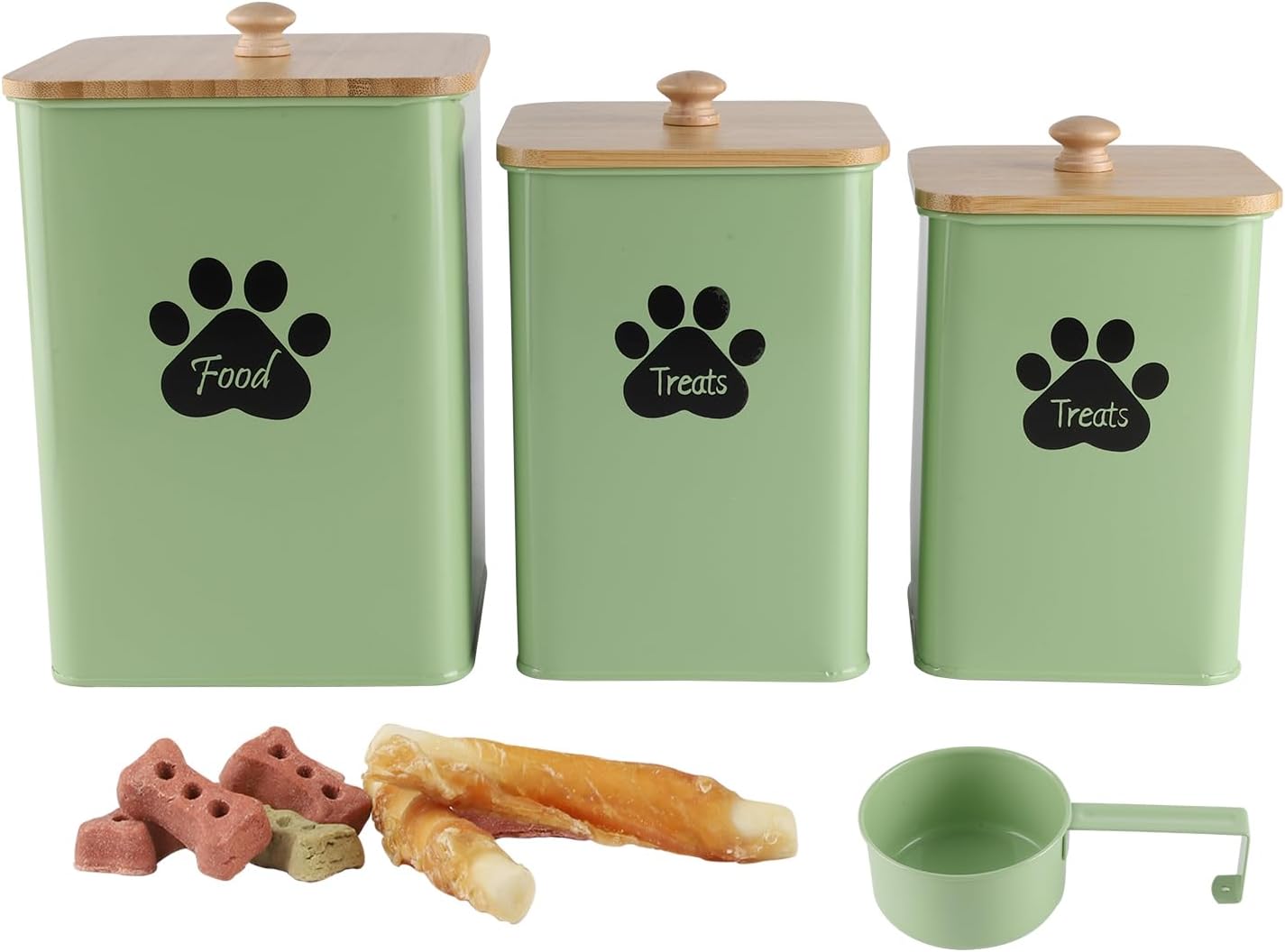Set of 3 Metal Dog Ttreat Jars,10lb/20 Cup Airtight Dog Food Container with Bamboo Lids,Dogs Cat Treat Canister,Cookie Container for Kitchen Counter,Coated Galvanized Steel ﻿-Green