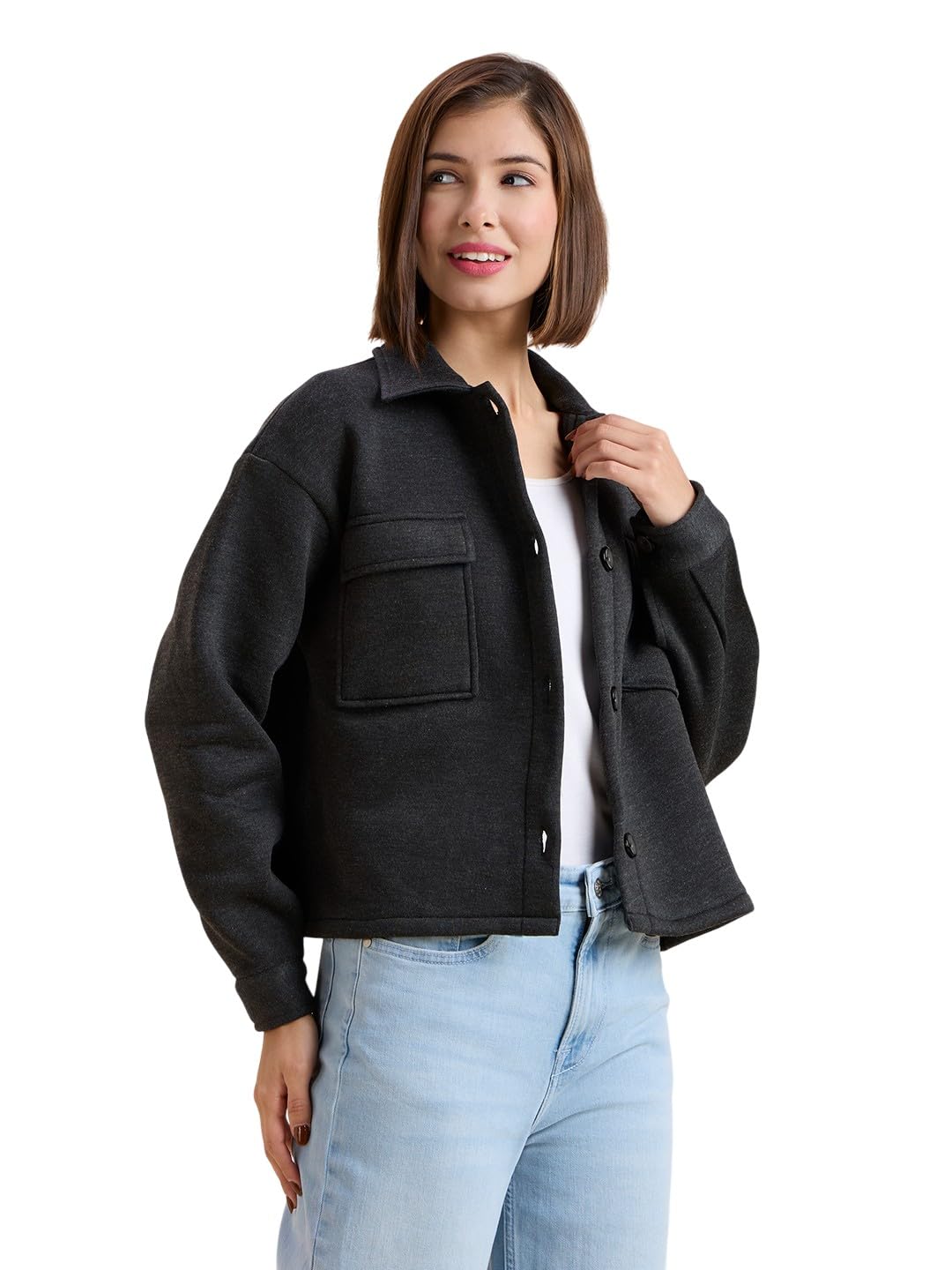 Women solid fleece croped jacket-image-47