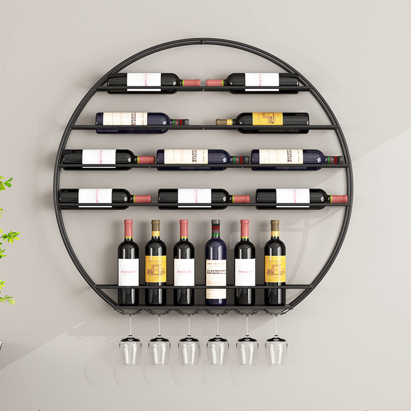 Casier à vin mural rond 80cm avec support bouteille flottant en métal noir