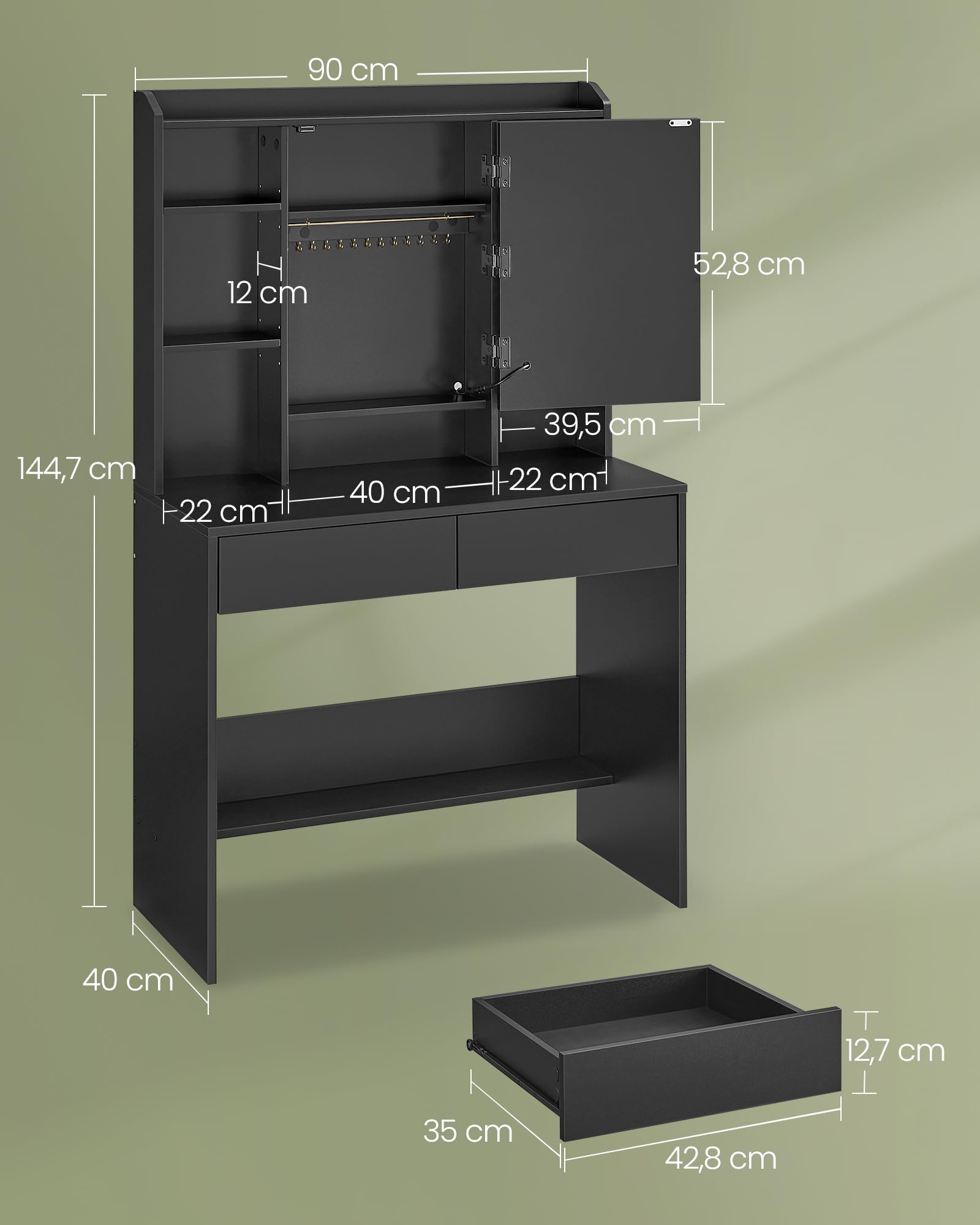 VASAGLE Kaptafel met LED-verlichting, instelbare helderheid, kaptafel met spiegel, make-uptafel met 2 lades en 3 open vakken, make-upkast, modern, wit RDT114W01