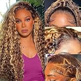 Ombre Highlight Deep Wave Lace Front Wigs Human Hair 4/27 Colored Pre Plucked 13x6 HD Transparent Lace Frontal Wigs Honey Blonde Curly Wig for Women 180% Density Glueless Wig with Baby Hair 26 Inch