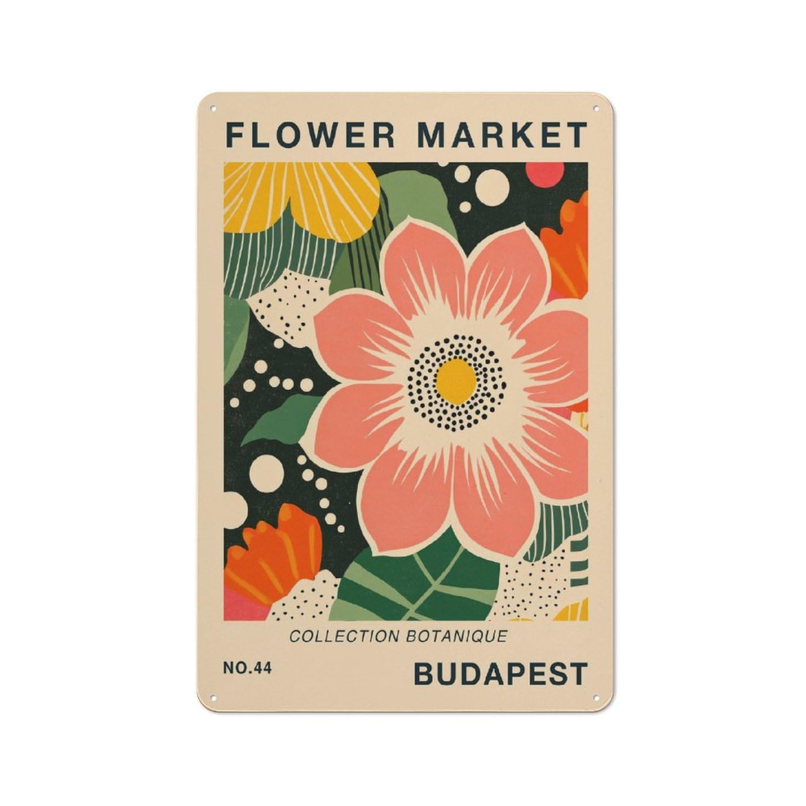 Junmoney Style-15 Garage Style Budapest Flower Market Botanical Travel Poster Decorative Metal Plaque 30X20cm, Garage Wall Decor For Workshop, Basement, Shed Or Games Room