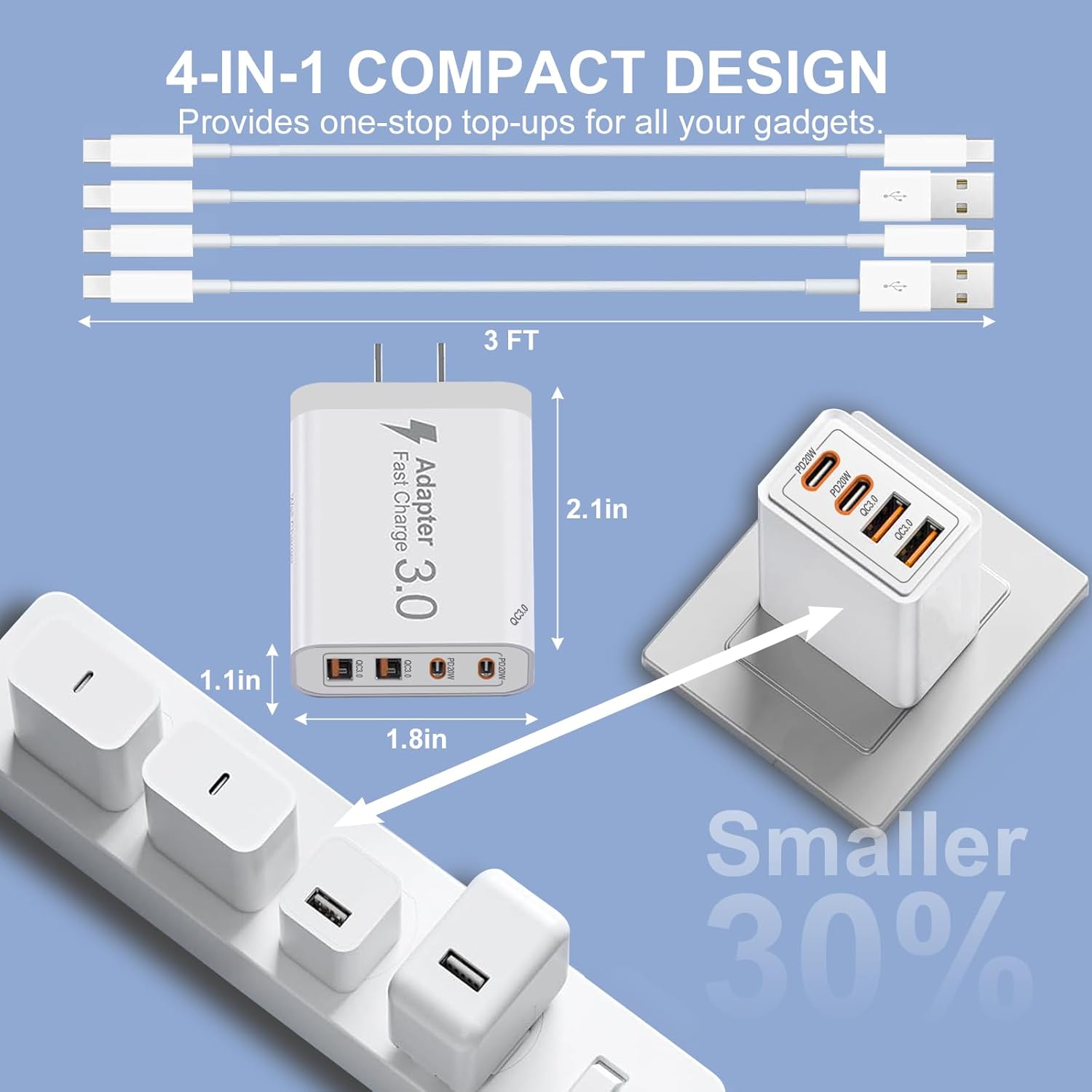 2-Pack 40W Fast Charger,2 Pack USB-C Fast Charging Cable,2 Pack Type C-C Fast Charging Cable,4-Port PD Power Adapter,QC Plug Multiport Charger for iPhone 16 15,iPad,AirPods,Watch,Samsung,and More image 4 of 7 B0D9NLQJ4K