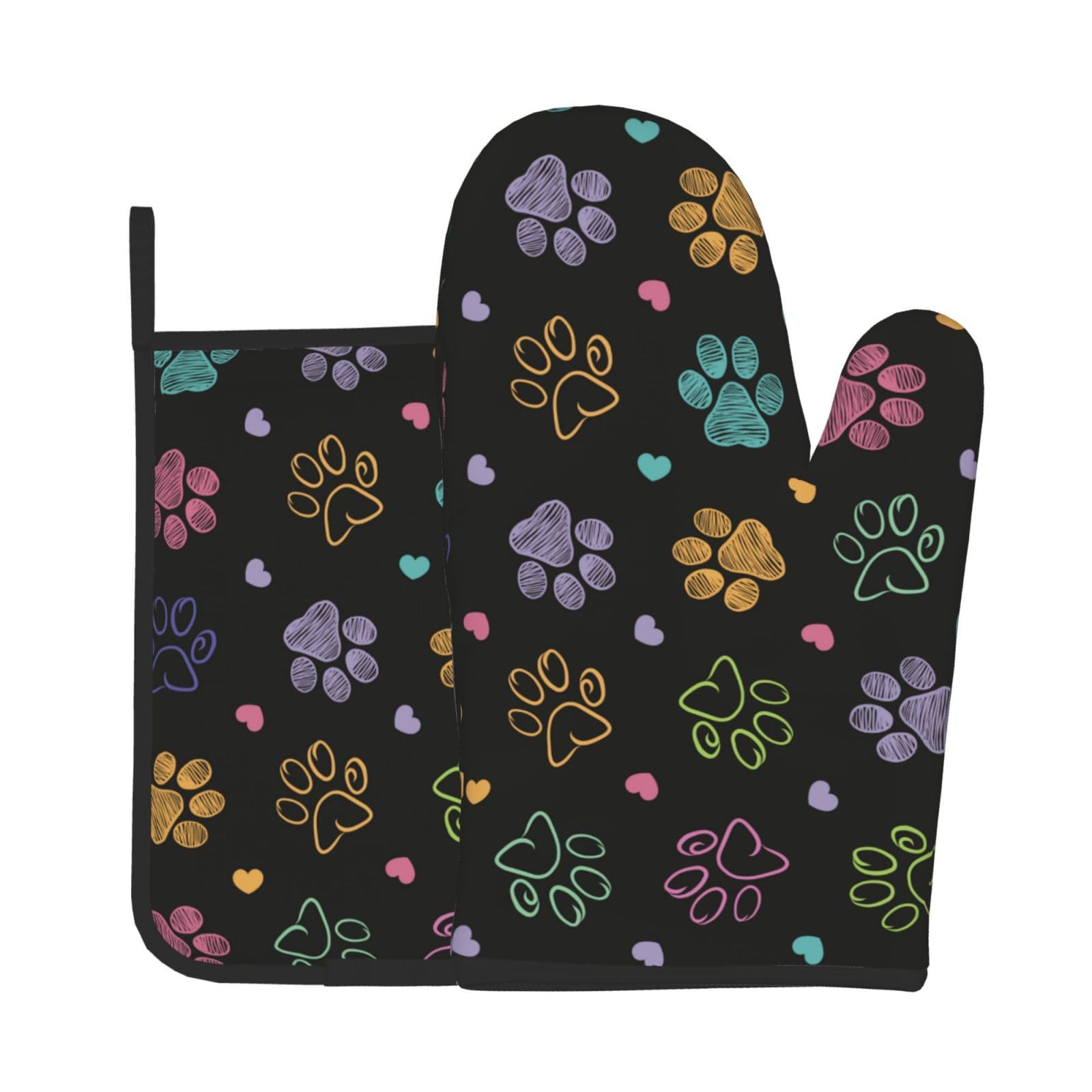 Dog Paw Oven Mitts and Pot Holders Sets - Colorful Paw Kitchen Mitts Potholders 2 Pack Heat Resistant Vibrant Festival Oven Gloves Hot Pads for Kitchen Baking Grilling Party