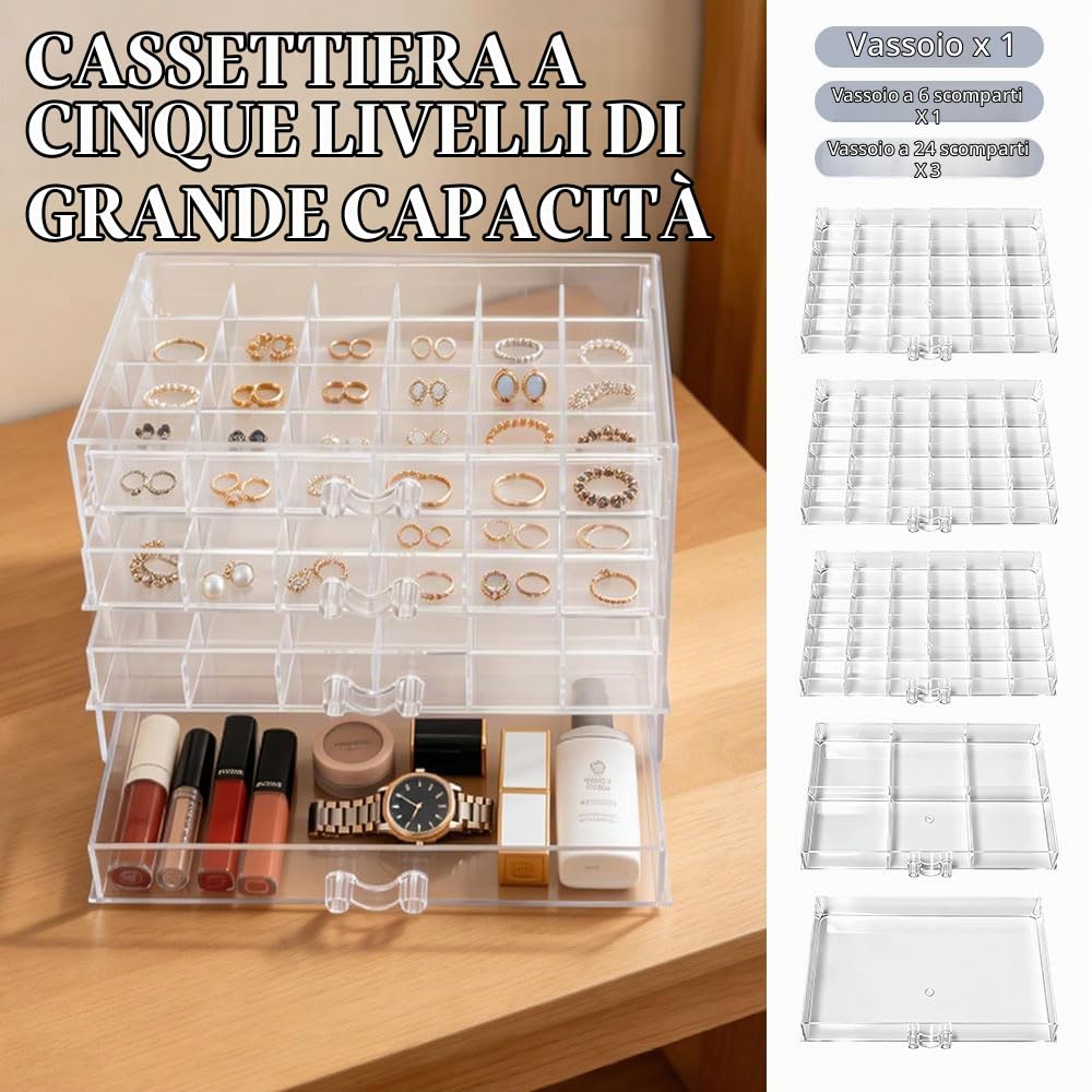 Scatola Organizzatrice per Gioielli in Acrilico con 5 Cassetti | per Orecchini Anelli Bracciali Collane,Scatola di Archiviazione per Gioielli in Acrilico,Organizer Gioielli Anelli Orecchini