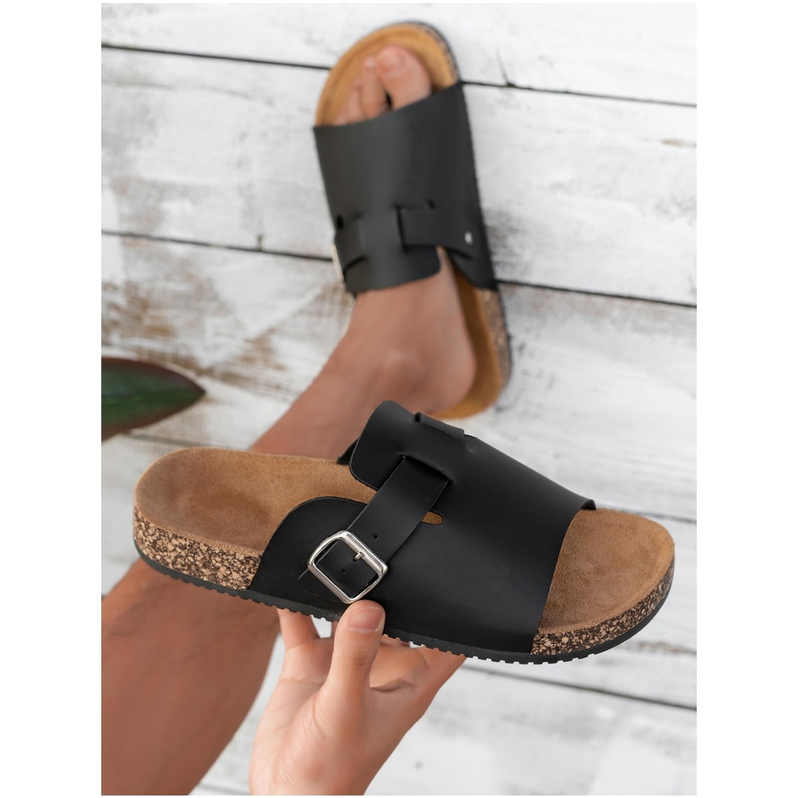 Infradito Sandali da Scivolare con Fibbia Regolabile degli Uomini, Slip-ons in Sughero per L'indossamento Quotidiano Casual-black-44