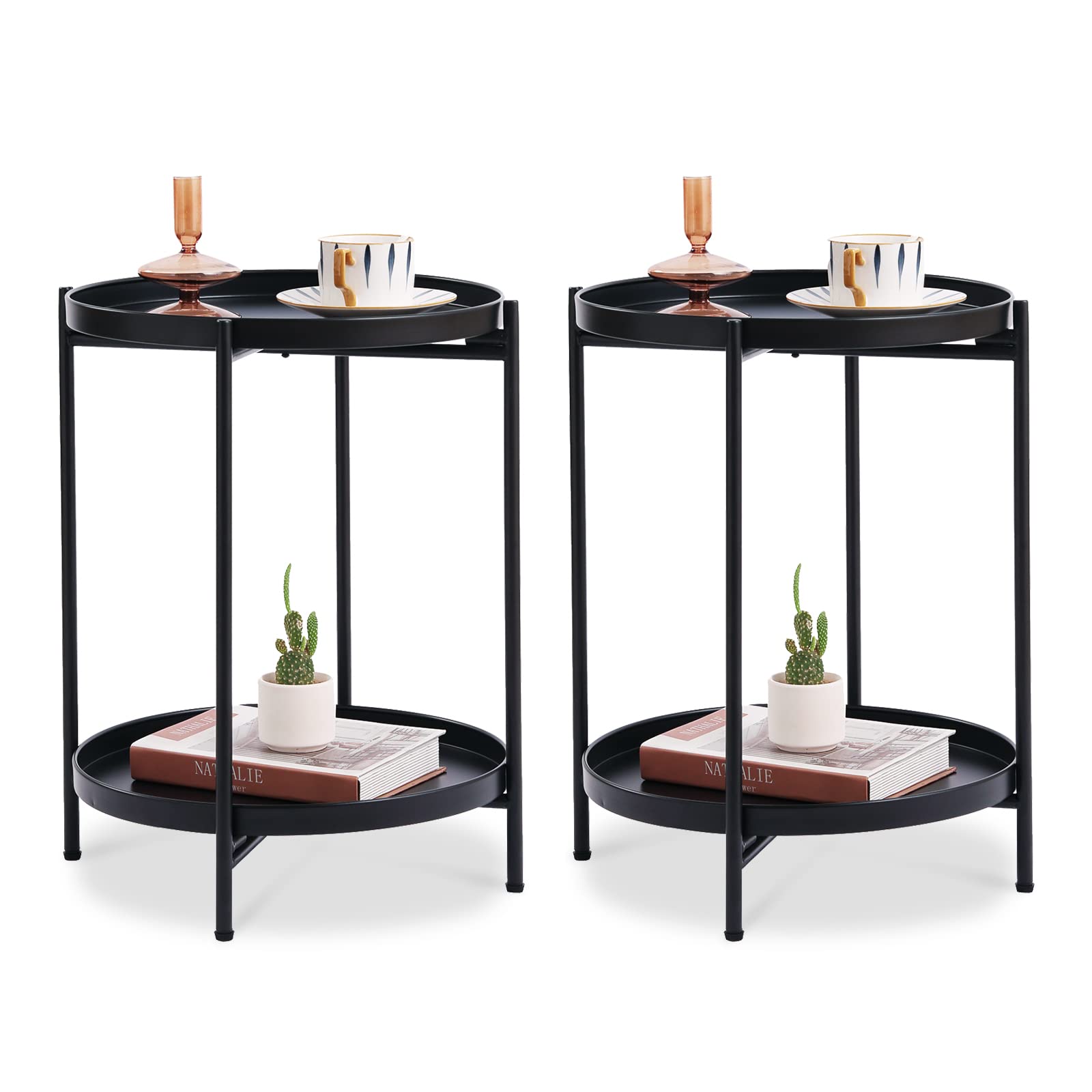 Tiita 2 Pack Round End Table Mental 2-Tier Side Table Nightstand/Small Iron Tables Accent Coffee Table for Living Room Bedroom Office Small Space