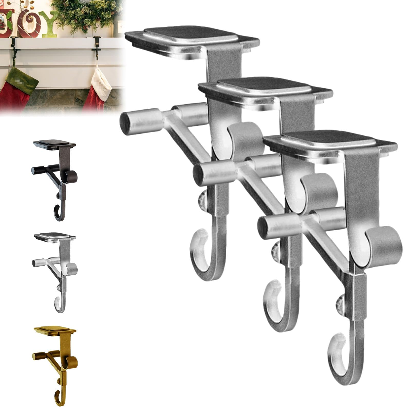 Mantle Hanger Hook, 2 in 1 Fireplace Stocking and Garland Hanger, Christmas Stocking Holder with 2 Hooks, Adjustable Heavy Duty Stockings Holder Suitable for Shelf Table Edge