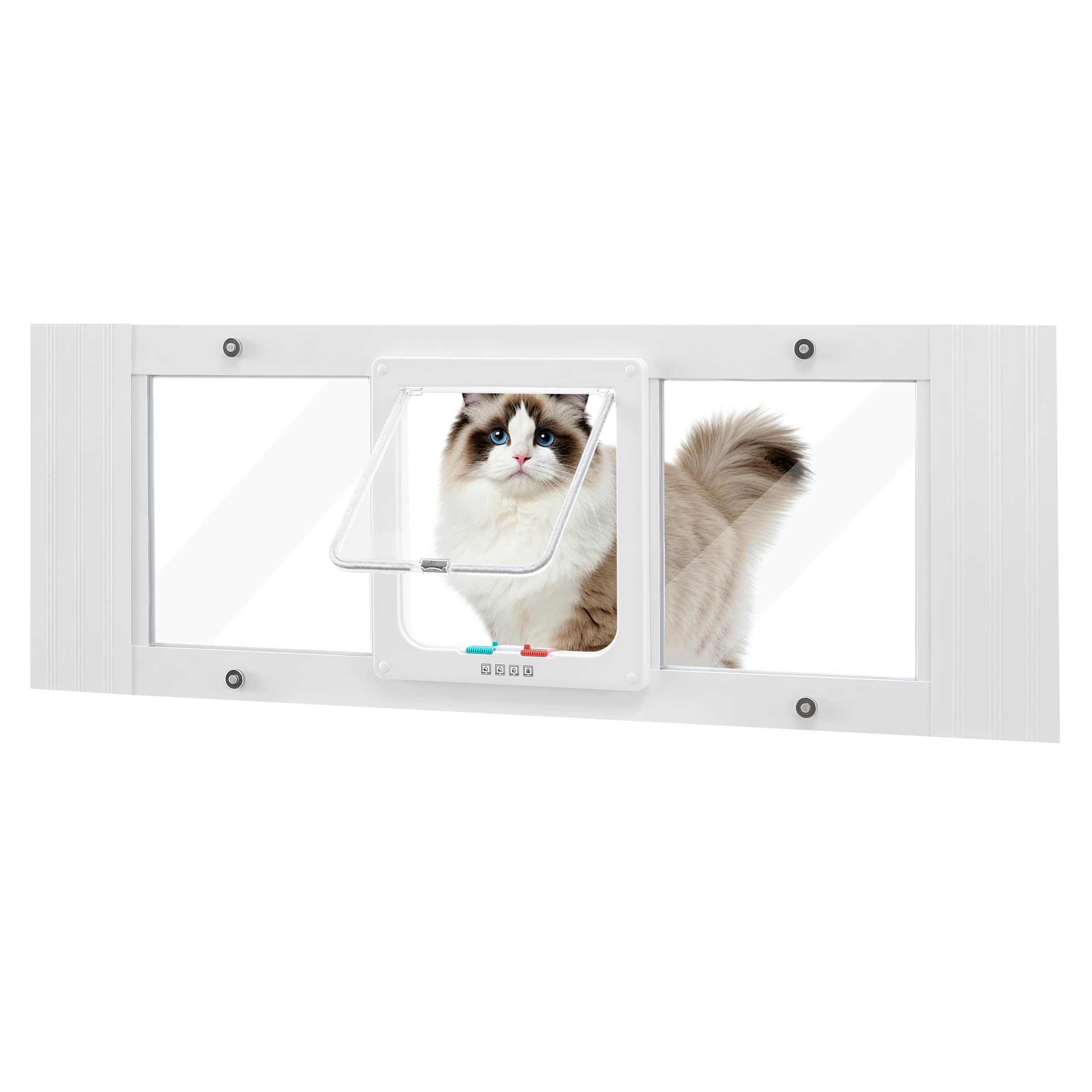 beeNbkks Cat Door for Window, Fits 32.5"-37.5" Wide Horizontal Sash Windows, Aluminum Frame Acrylic Flap Cat Window Door, 4 Lock Modes to Control Pet Access, No-Drill Setup No Damage