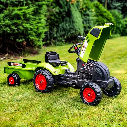 Falk 2041C Trettraktor Claas Arion 410 mit Anhänger und aufklappbarer Motorhaube, Bagger, Tret-Baggerlader, Trettraktor ab 2-5 Jahren, Outdoor-Spielzeug