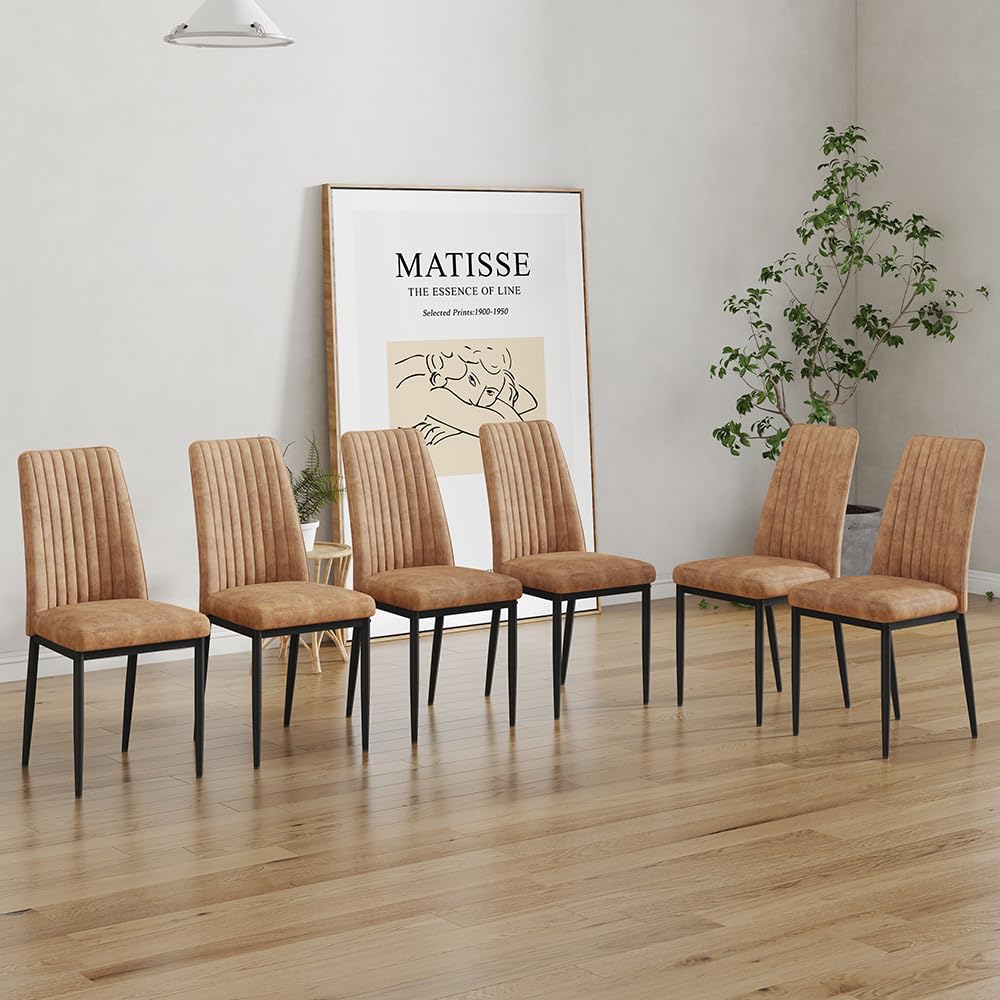 Brown Dining Chairs Set of 6, Comfortable Dining Room Chair, Metal Kitchen Chairs with Leathaire Fabric and High Back, Sillas para Comedor Set de 6 for Living Room (BR-6)