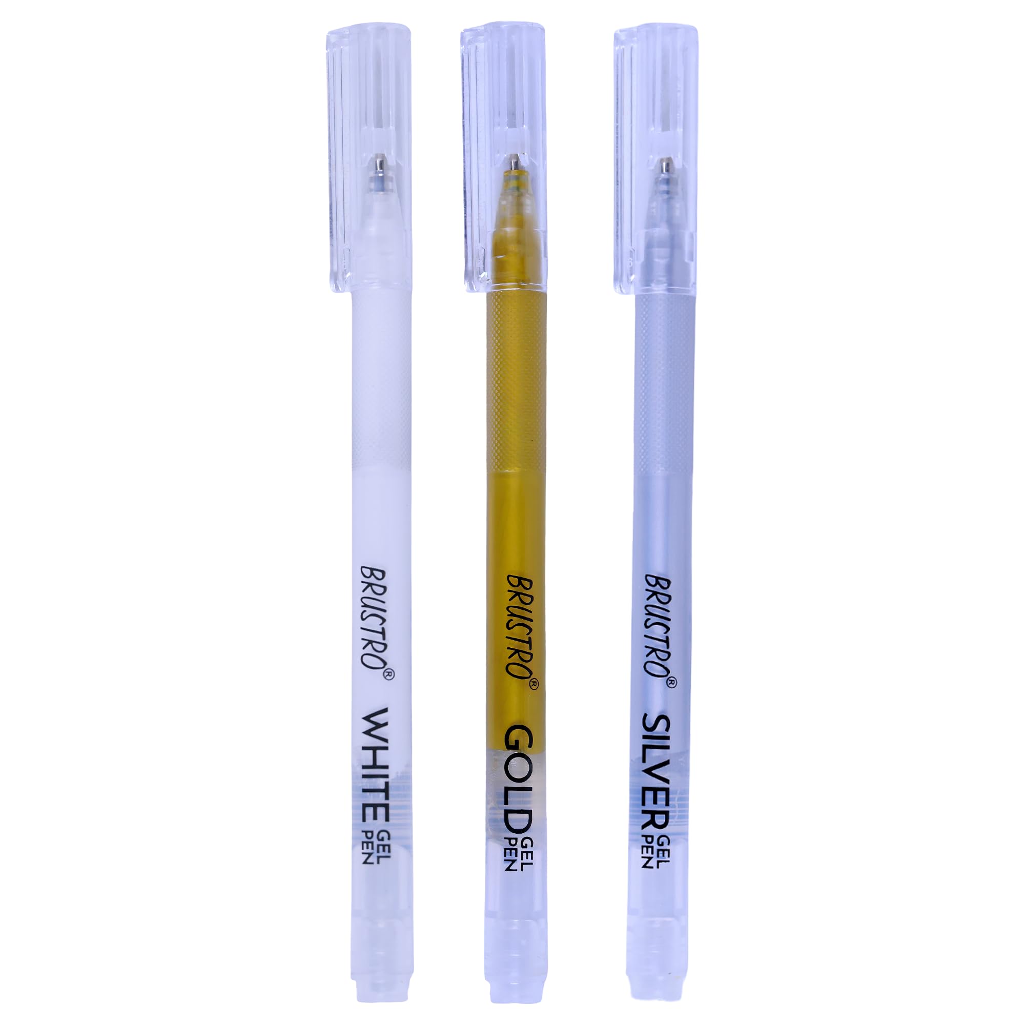 BRUSTRO Assorted Gel Pen (White, Gold and Silver)|1mm Metal Tip - Set of 3,Opaque and Viscous Ink|Ideal For Drawing,Writing,Highlighting,Doodling,Scrapbooking,Mandala Art,Illustration