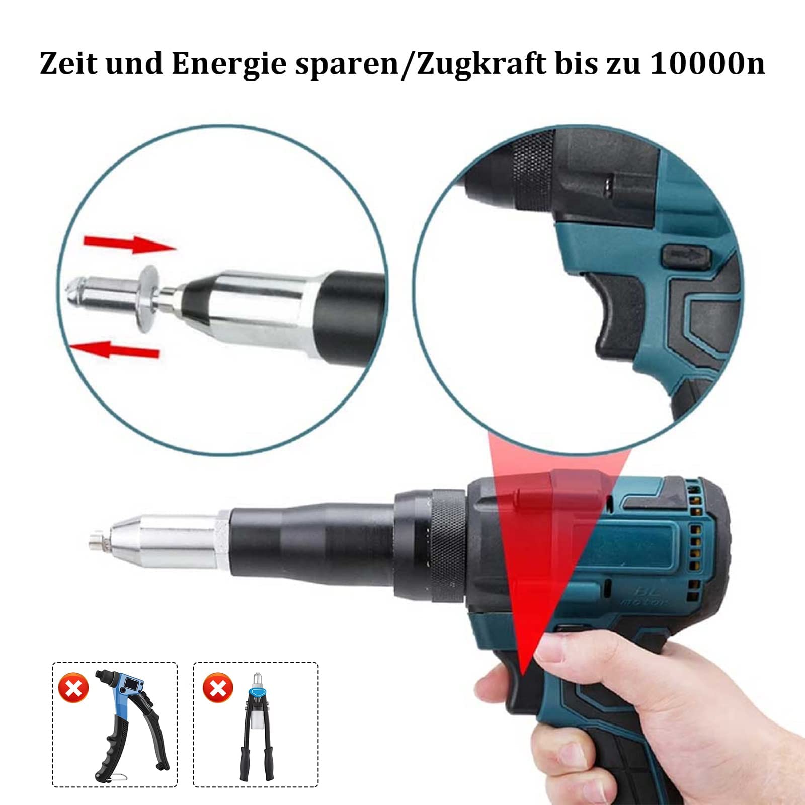 ColdShine Akku Nietzange Kompatibel Elektrische Nietzange 10000N Bürstenloses Elektrisches Nietwerkzeug Akku-Nietmutternpistole Nietpistole für 2,4-4,8mm (ohne Akku)