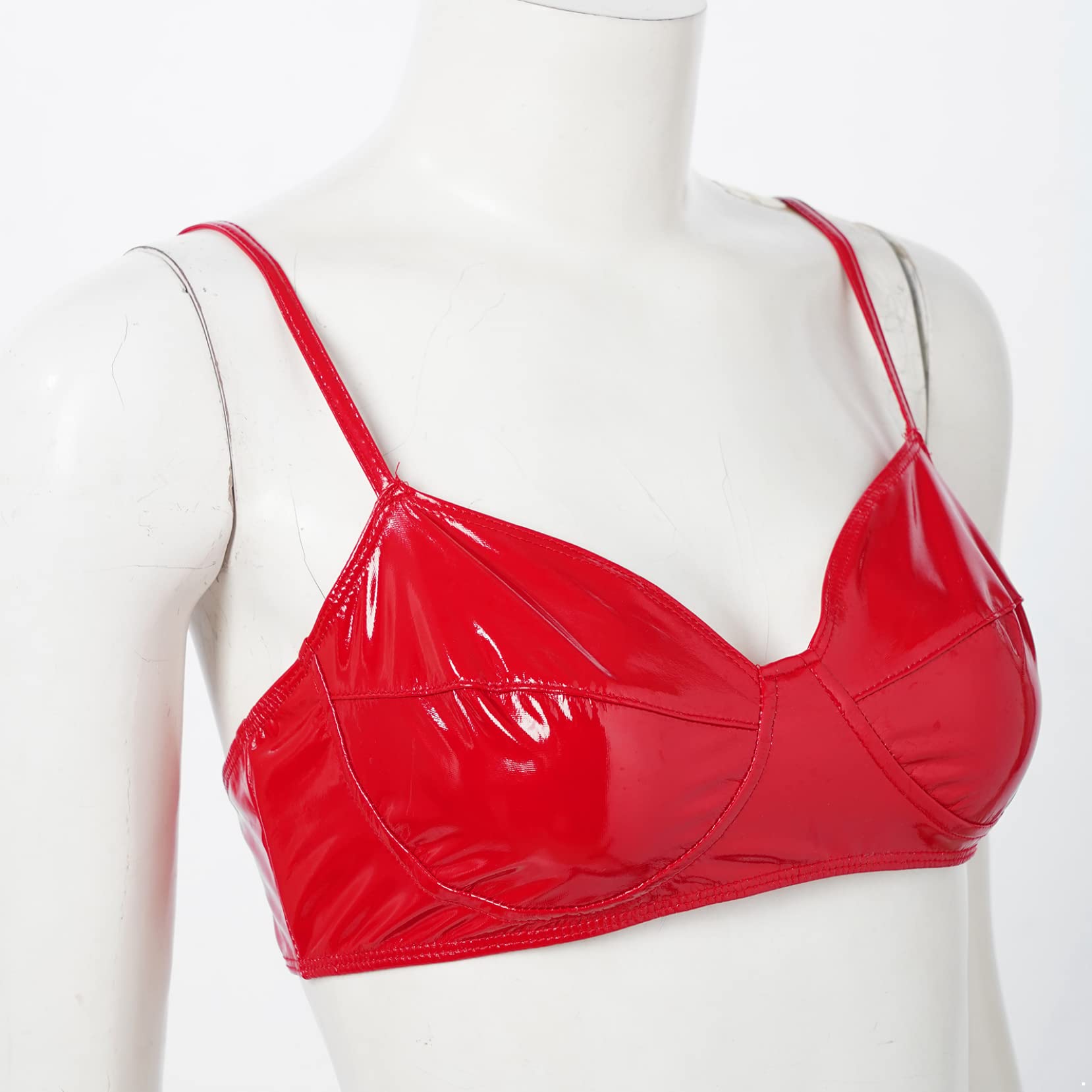 Yartina Women's Patent Leather Wet Look Bra Top Wireless Bralette Crop Top Lingerie Party Clubwear: Small Red