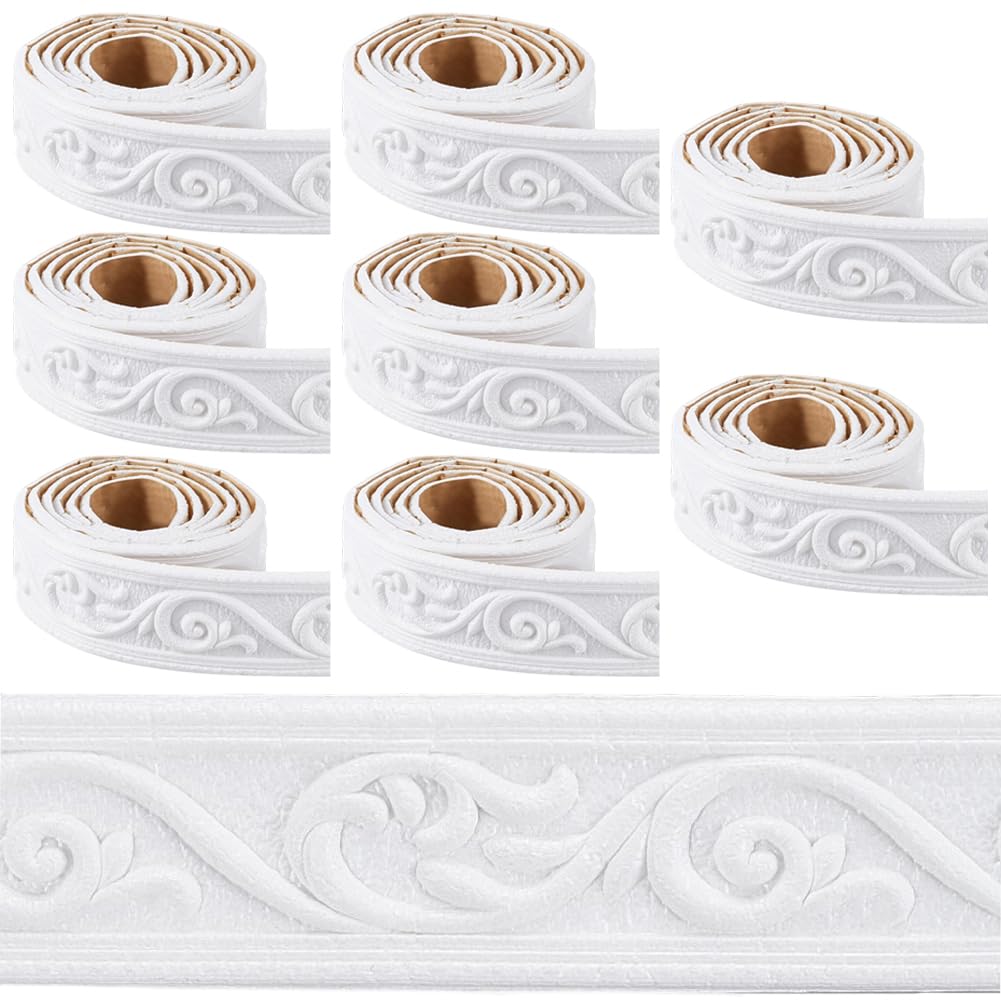 CRASPIRE 8 Rolls 59Ft Long White Crown Wall Molding Trim Vintage Wallpaper Border Self Adhesive Peel and Sick Foam Flexible Baseboard Mirror Sticky Wall Edge Line for Hotel Home Office Ceiling Decor